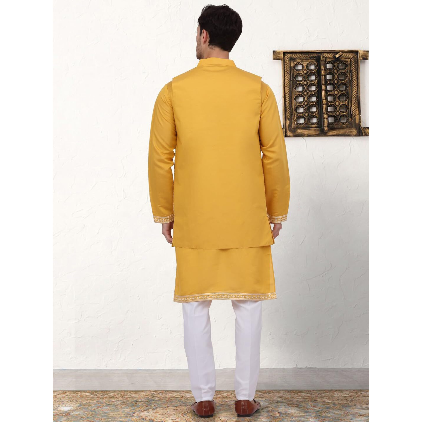 Jompers Men's Mustard Embroidered Waistcoat And Kurta Pyjama. (Mustard, L)