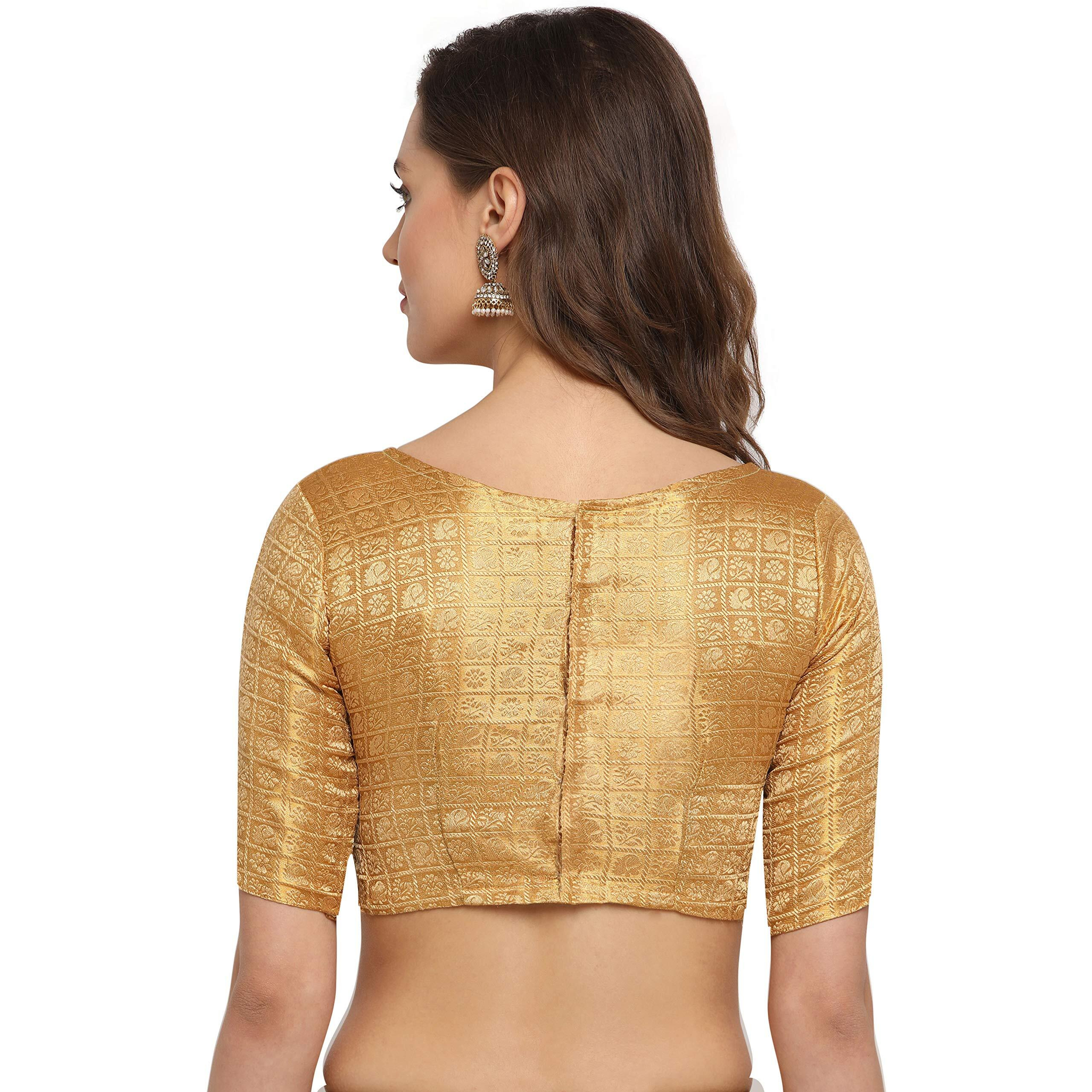 Oomph Women's Art Silk Floral Half Sleeve Saree Blouse (Rbbl22S_Sandcastle Beige_S)