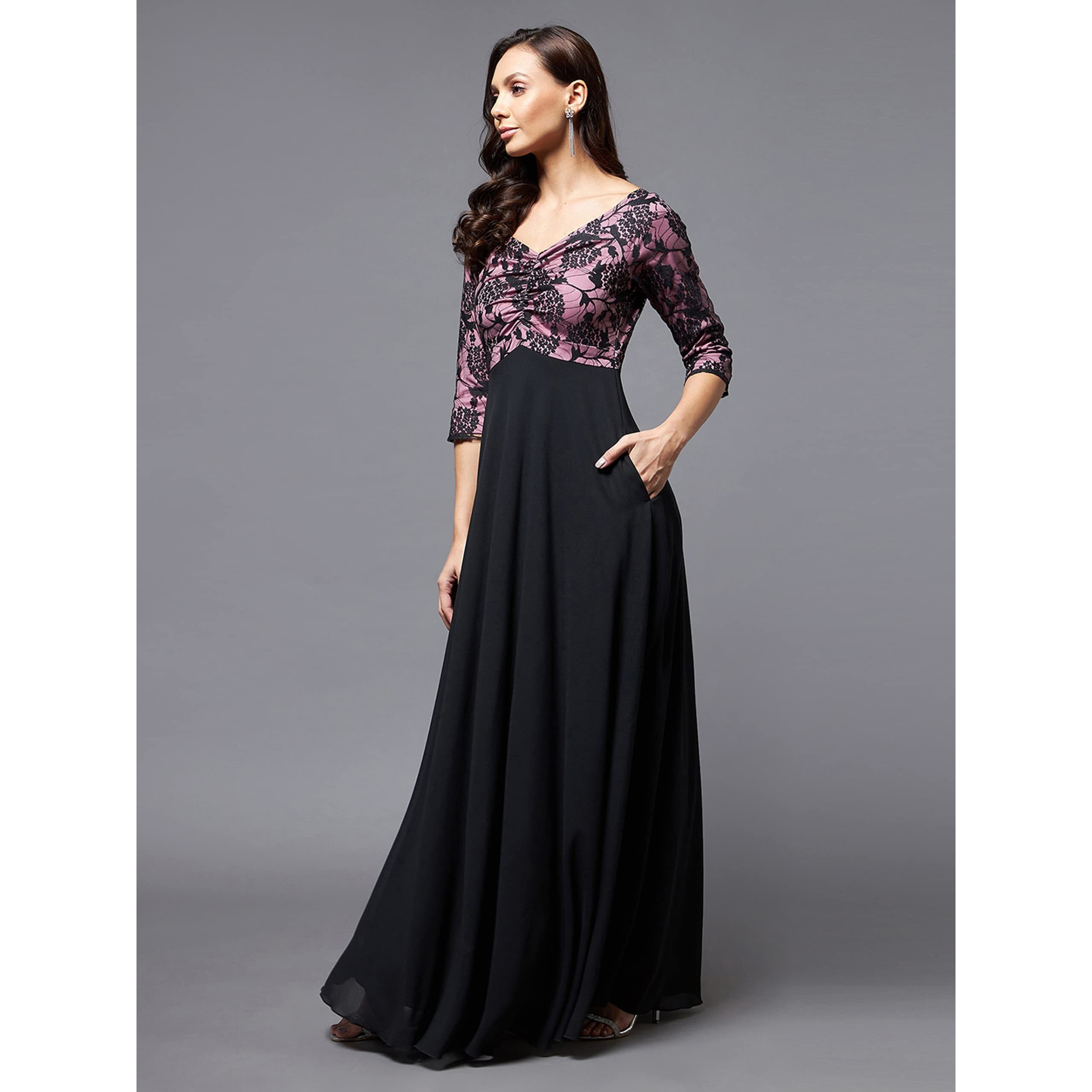 Miss Chase Women's Sweet Heart Neck 3/4Th Sleeve Self Design Fit & Flare Maxi Dress (Mcss23D79-06-245-02, Black And Lavender, Xs)