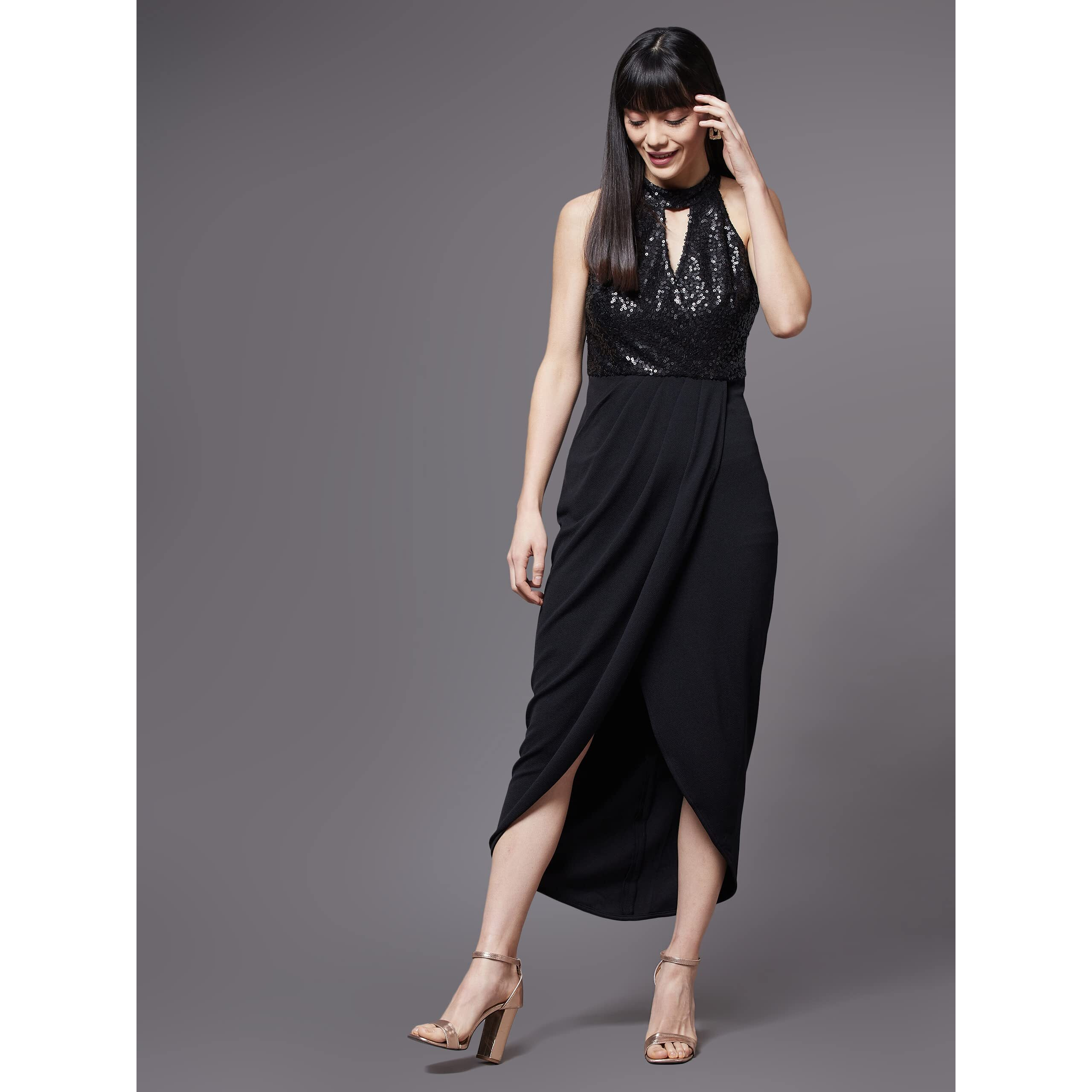 Miss Chase Women's Black Halter Neck Sleeveless Solid Embellished Midi Dress (Mcaw21D13-17-62-03, Black, S)