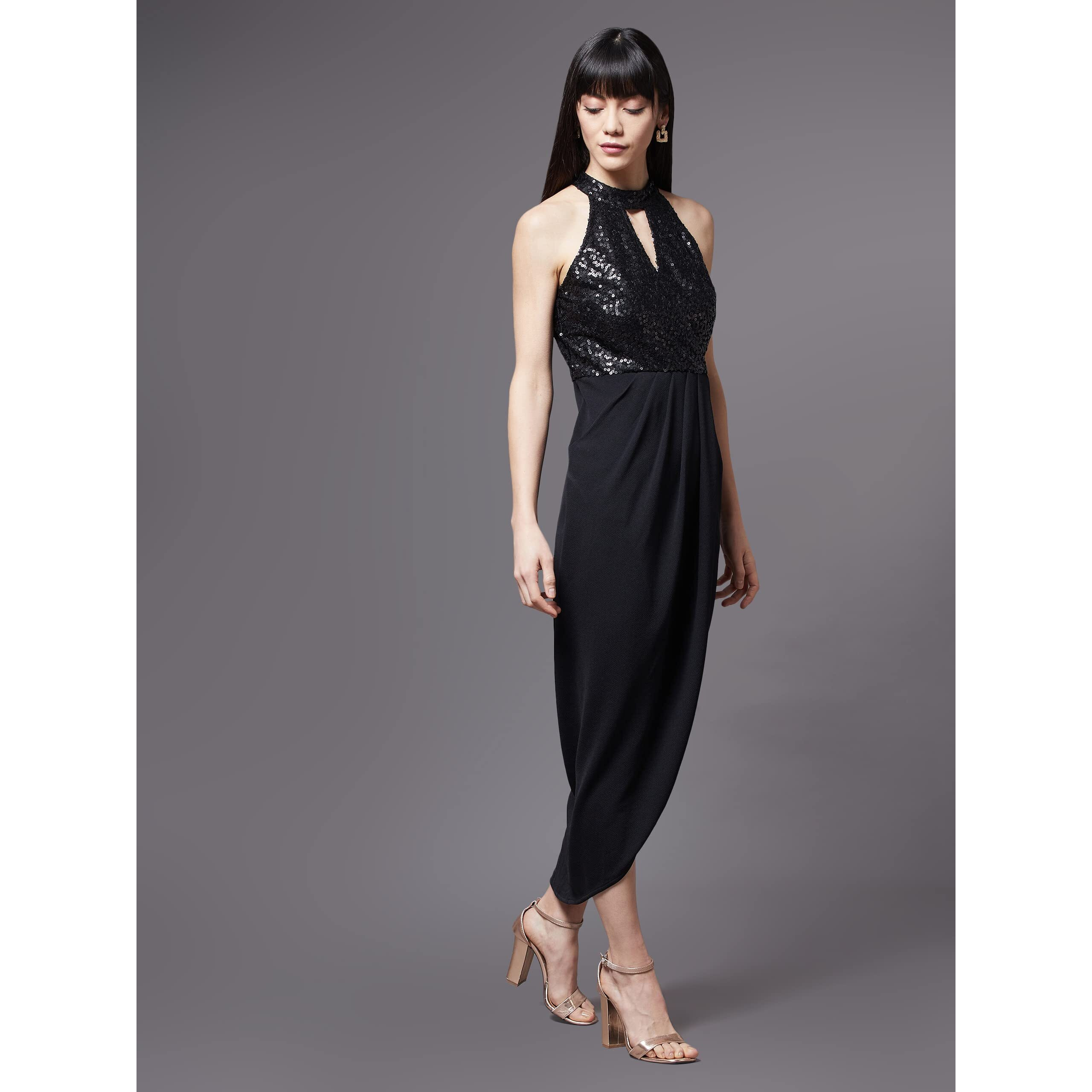 Miss Chase Women's Black Halter Neck Sleeveless Solid Embellished Midi Dress (Mcaw21D13-17-62-03, Black, S)