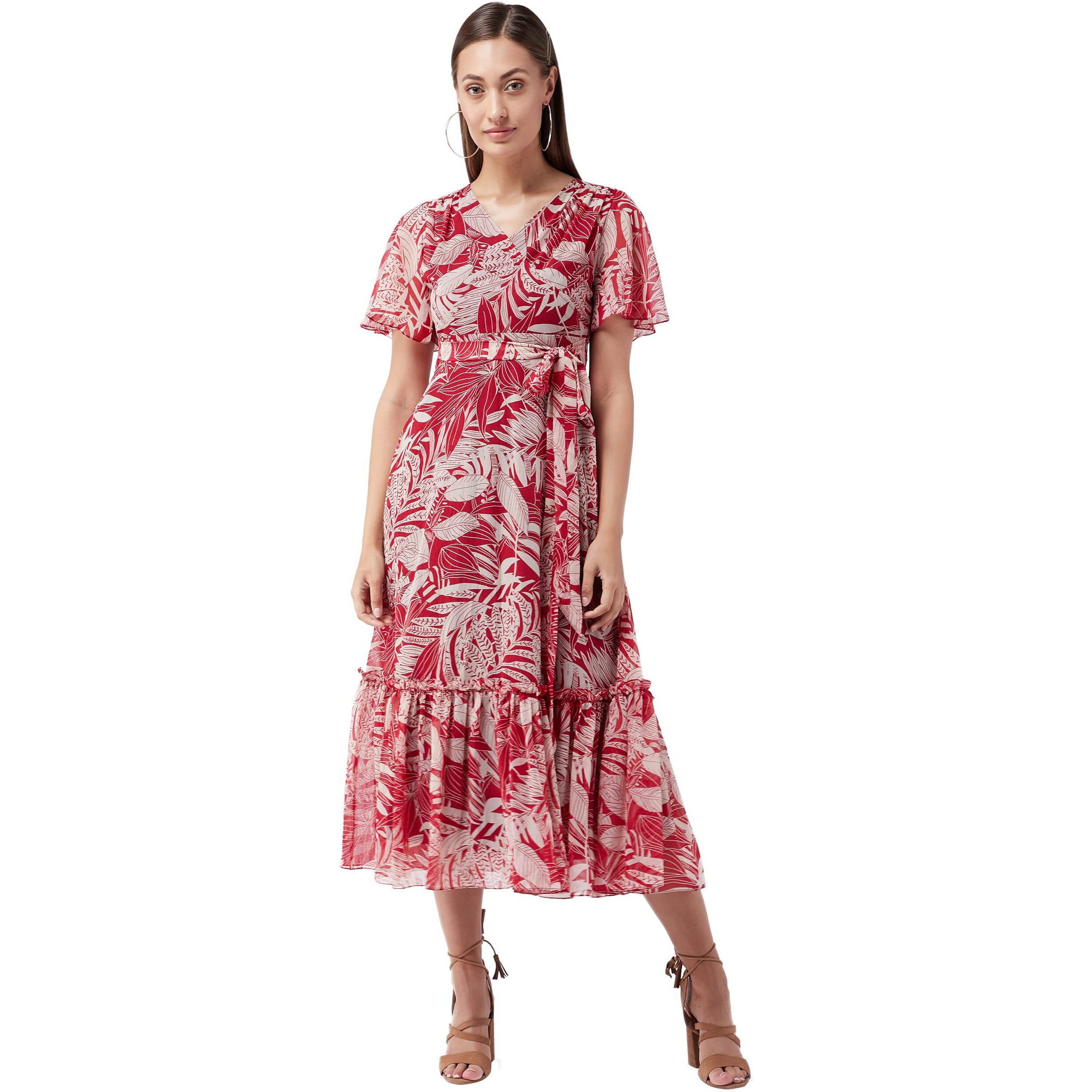 Miss Chase Women's V Neck Flared Sleeve Floral Wrap Maxi Dress (Mcaw21D06-14-224-04, Multicolored-Base-Maroon, M)