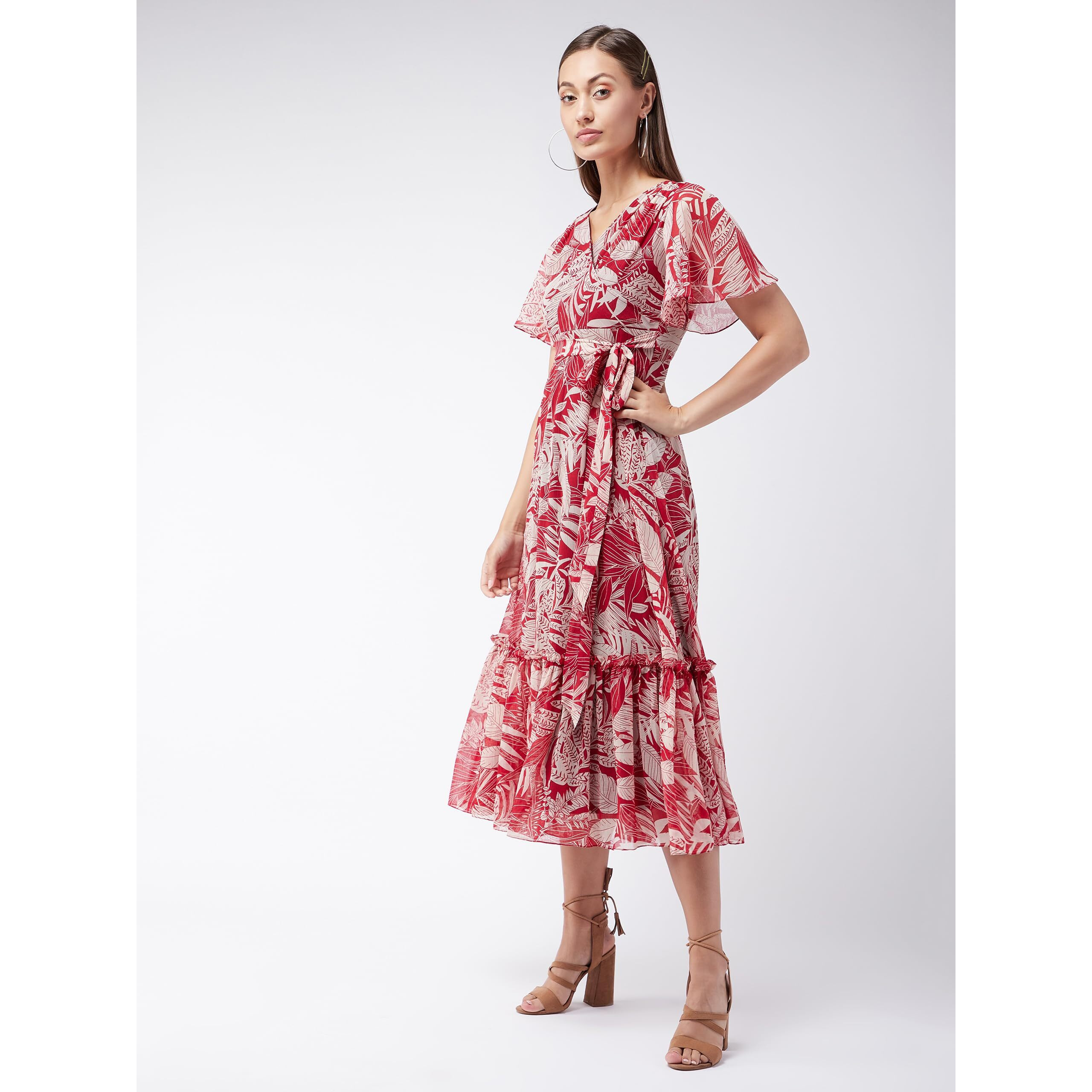 Miss Chase Women's V Neck Flared Sleeve Floral Wrap Maxi Dress (Mcaw21D06-14-224-04, Multicolored-Base-Maroon, M)