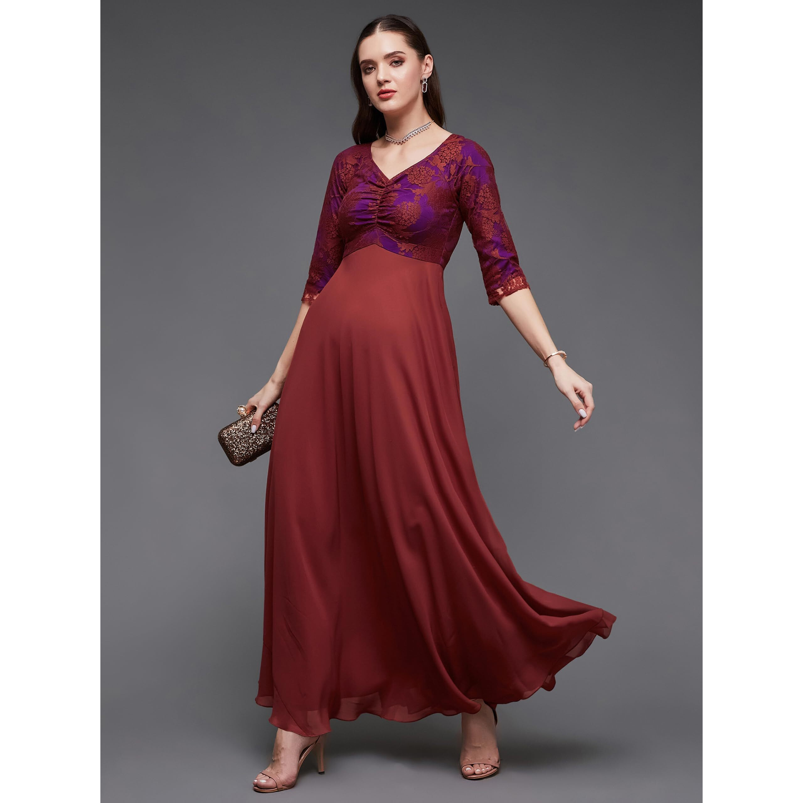 Miss Chase Women's Sweet-Heart Neck 3/4 Sleeve Self Design Fit & Flare Maxi Dress With Pockets (Mcss23D79-06-149-04, Brick Red, M)