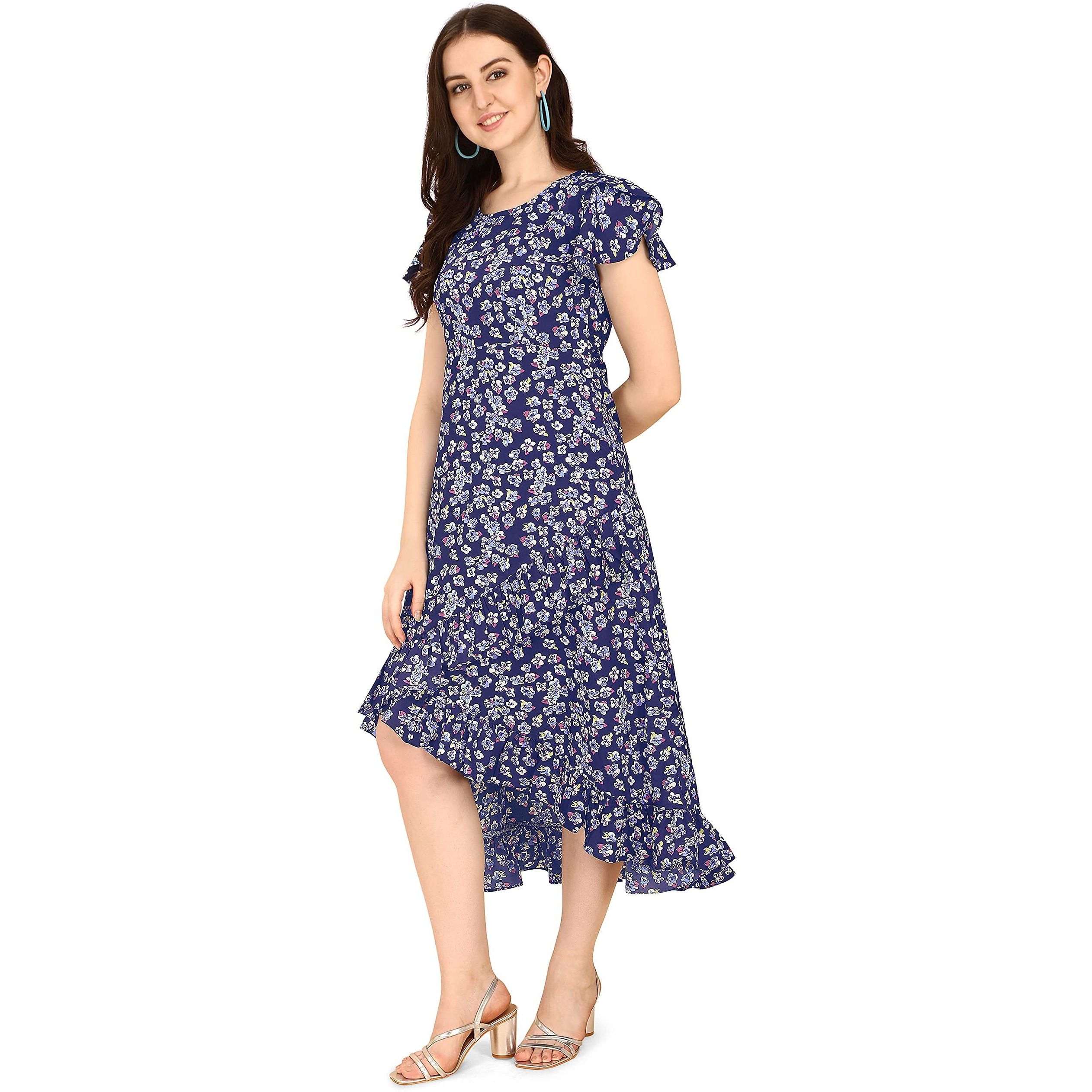 Oomph Women's Western & Fusion Wear Wrap Midi Dresses For Women, Blue - Md267