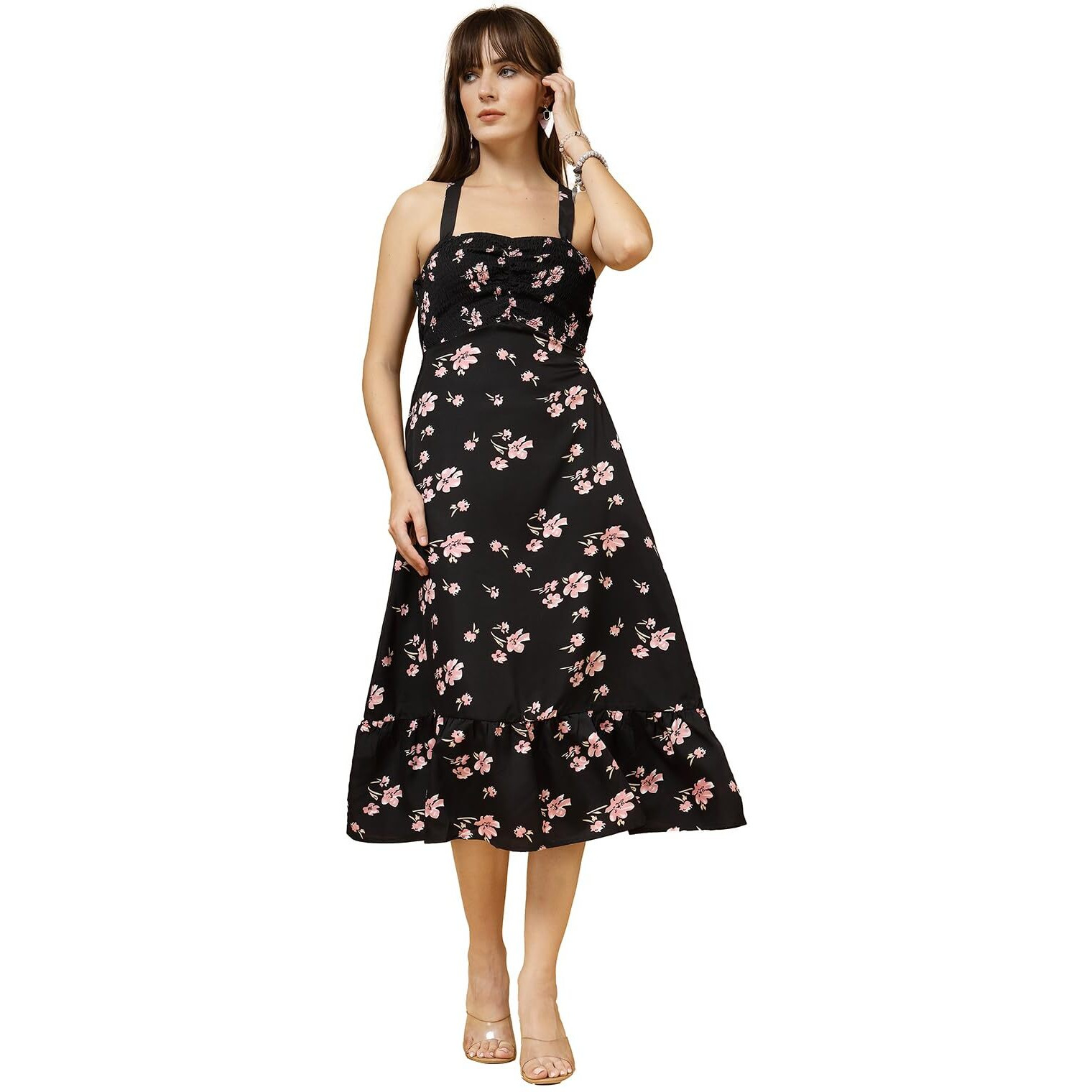 Oomph Women's Western & Fusion Wear Printed Crepe Dress For Women, Smocked Bodice, Black - Md1029