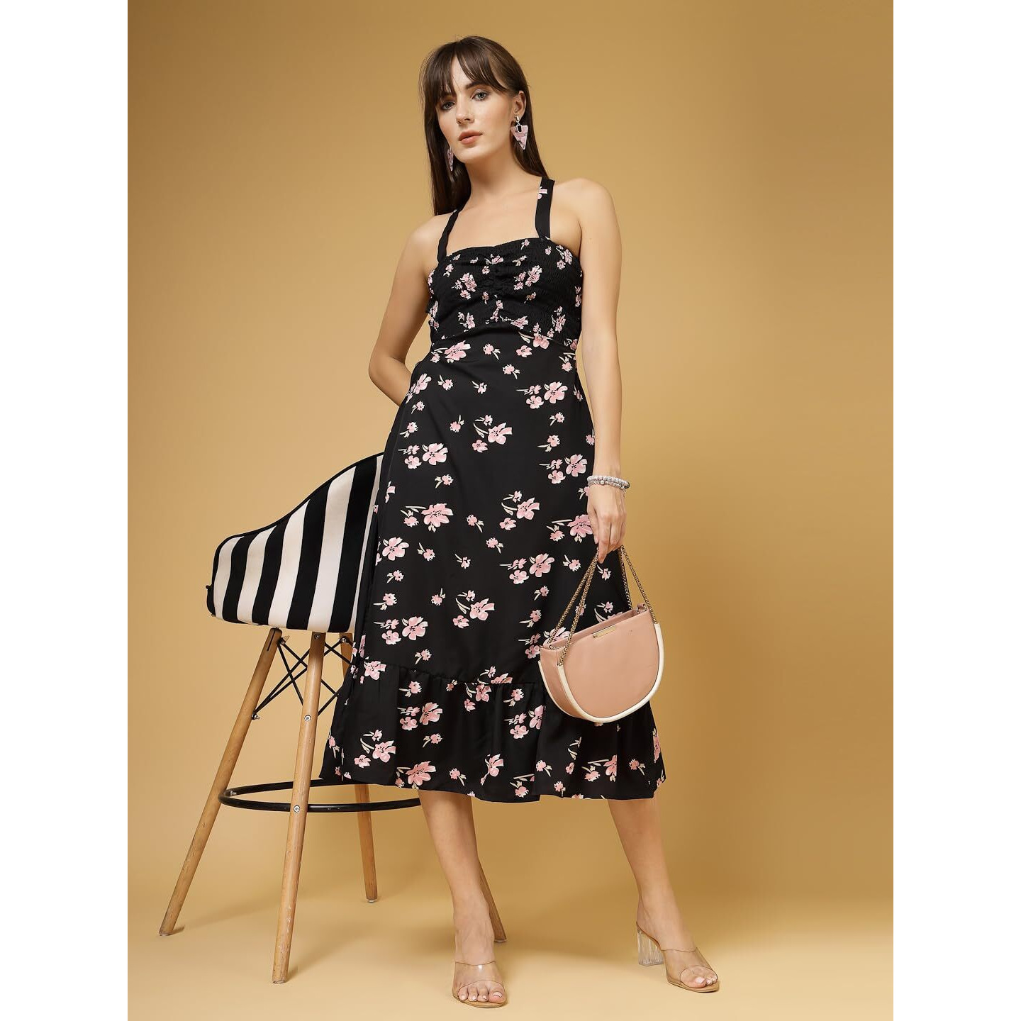 Oomph Women's Western & Fusion Wear Printed Crepe Dress For Women, Smocked Bodice, Black - Md1029