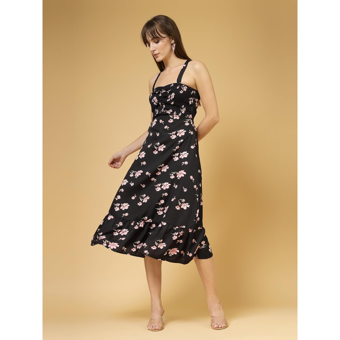 Oomph Women's Western & Fusion Wear Printed Crepe Dress For Women, Smocked Bodice, Black - Md1029