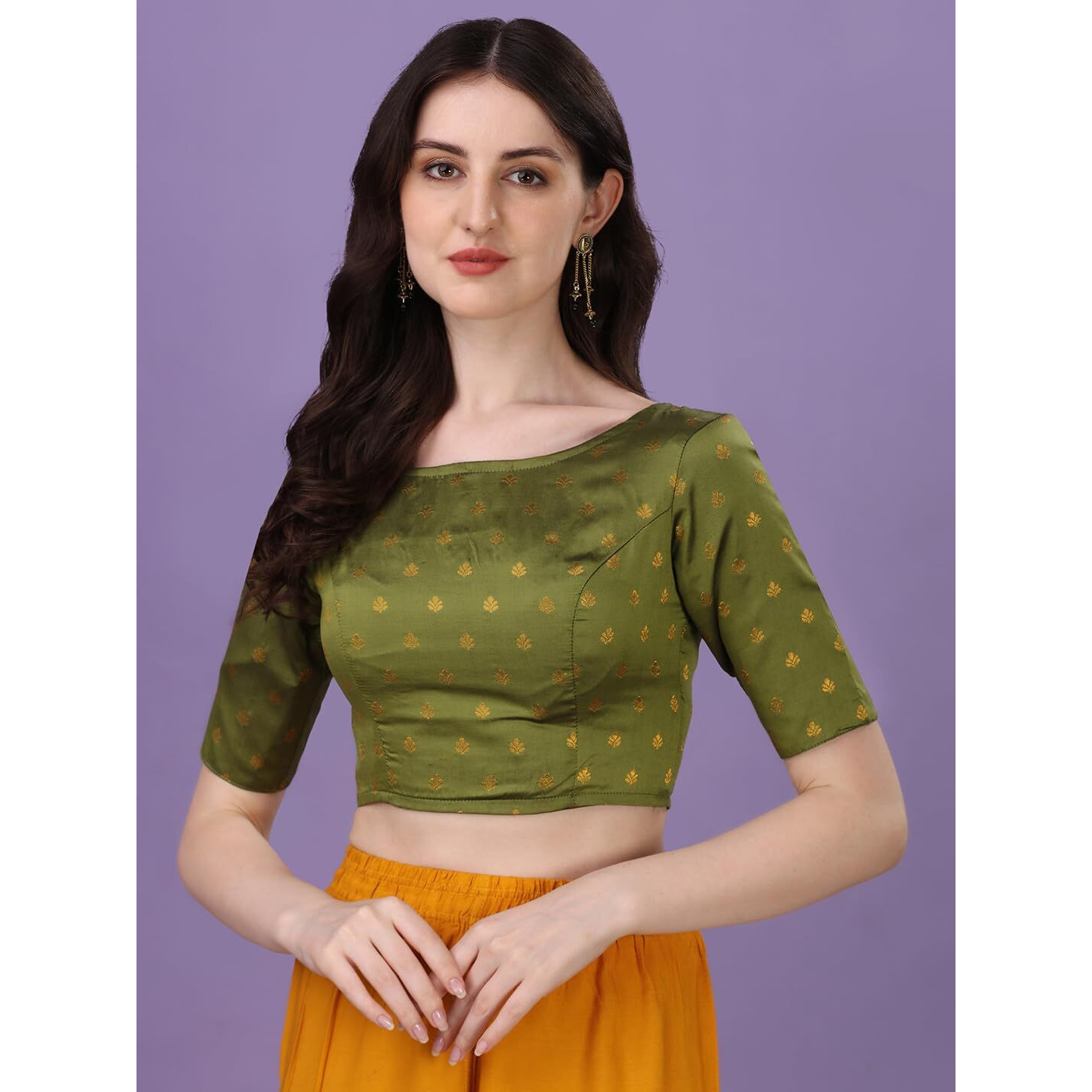 Oomph Readymade Blouse For Women, Brocade, Green, Boat Neck
