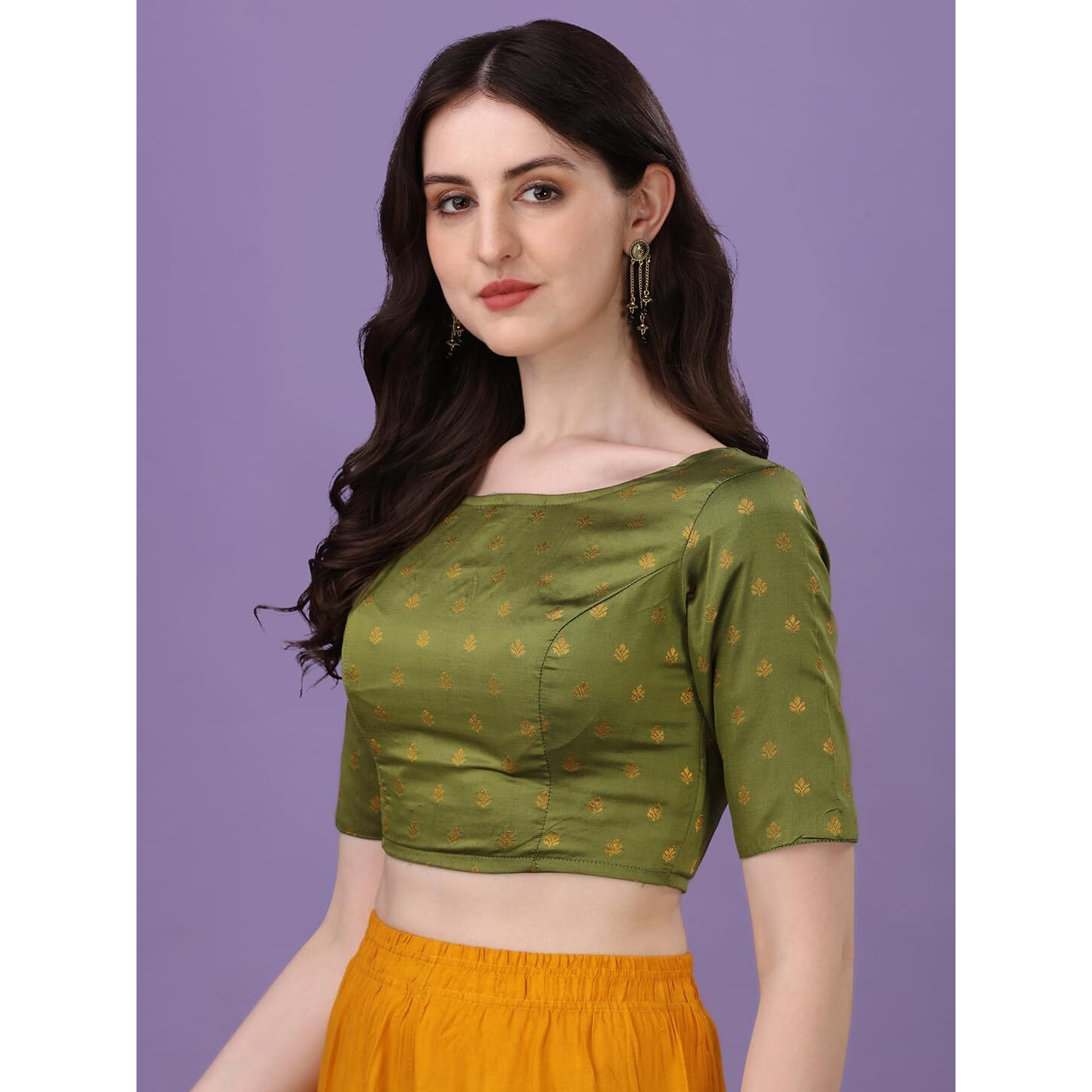 Oomph Readymade Blouse For Women, Brocade, Green, Boat Neck