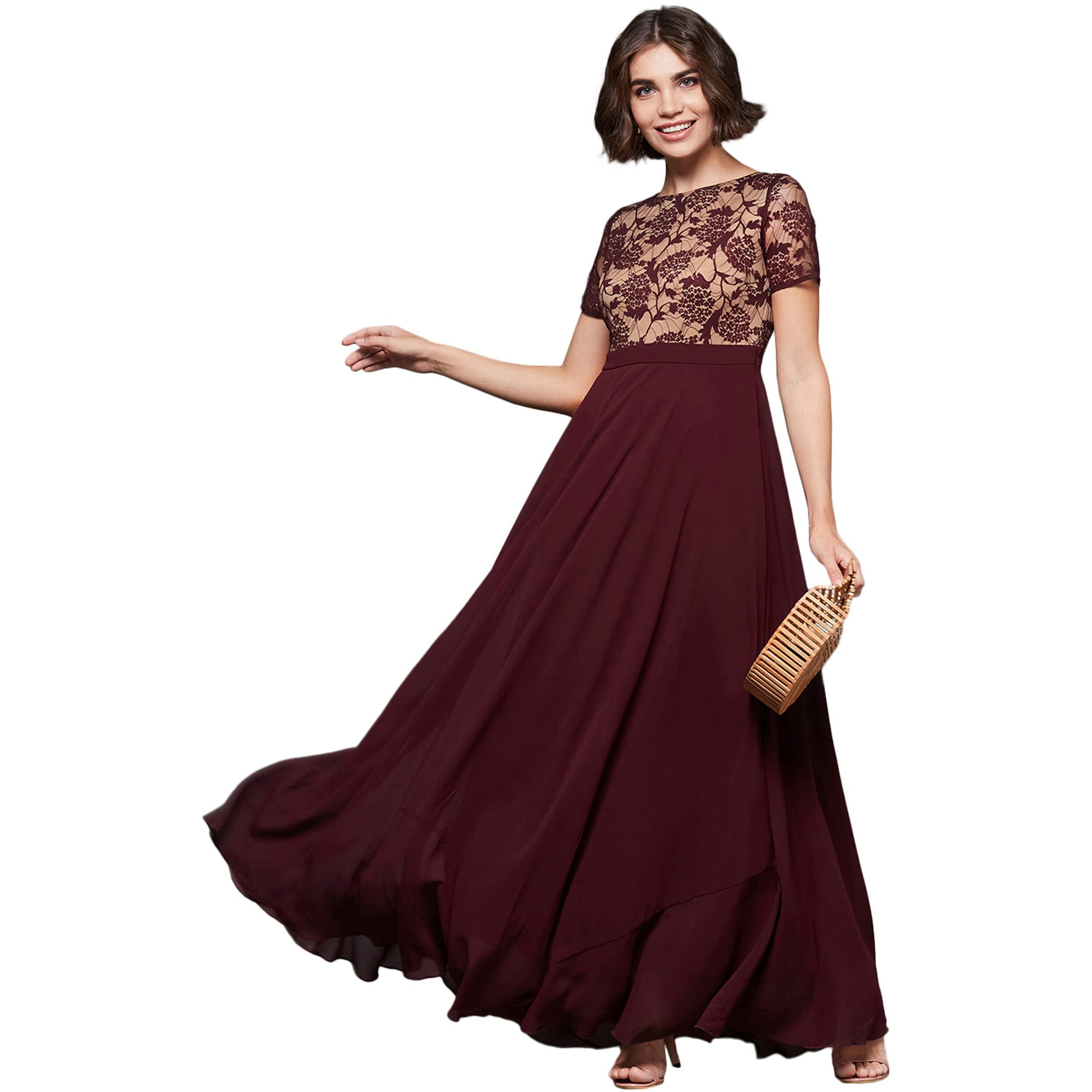 Miss Chase Women's Wine & Beige Relaxed Fit Regular Georgette Dress (Mcss22D06-47-603-05, Wine & Beige, L)