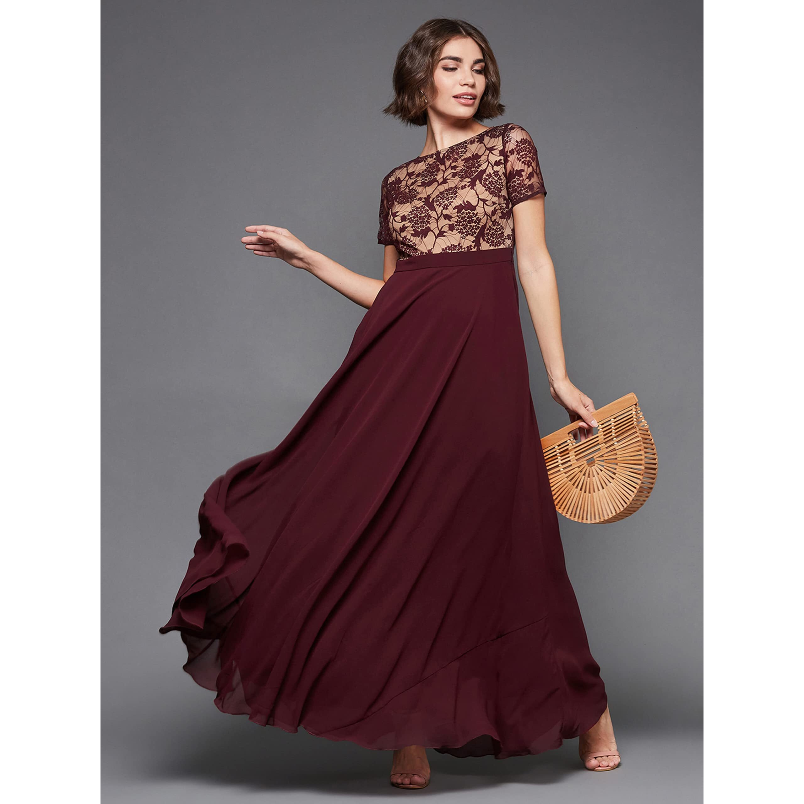 Miss Chase Women's Wine & Beige Relaxed Fit Regular Georgette Dress (Mcss22D06-47-603-05, Wine & Beige, L)