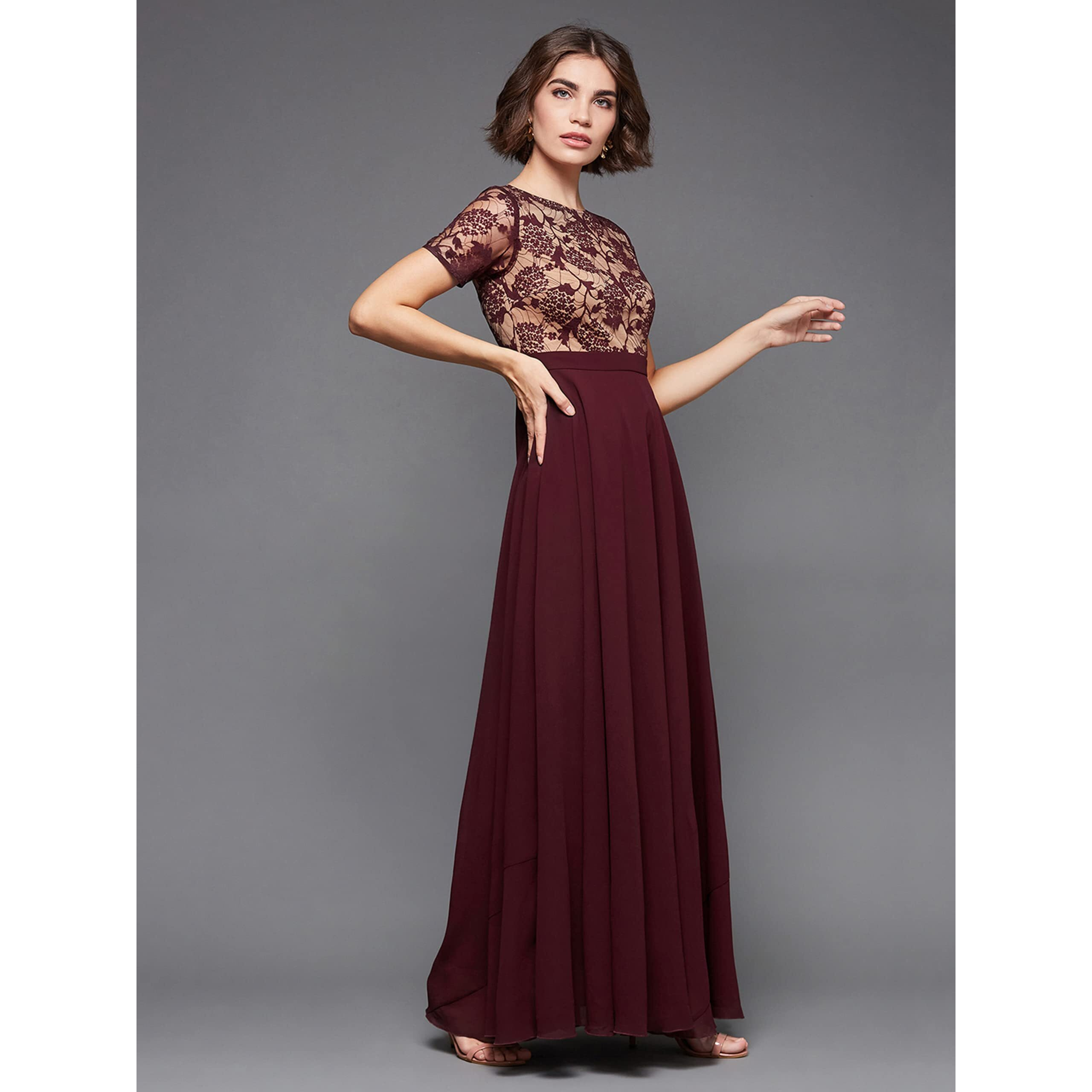 Miss Chase Women's Wine & Beige Relaxed Fit Regular Georgette Dress (Mcss22D06-47-603-05, Wine & Beige, L)