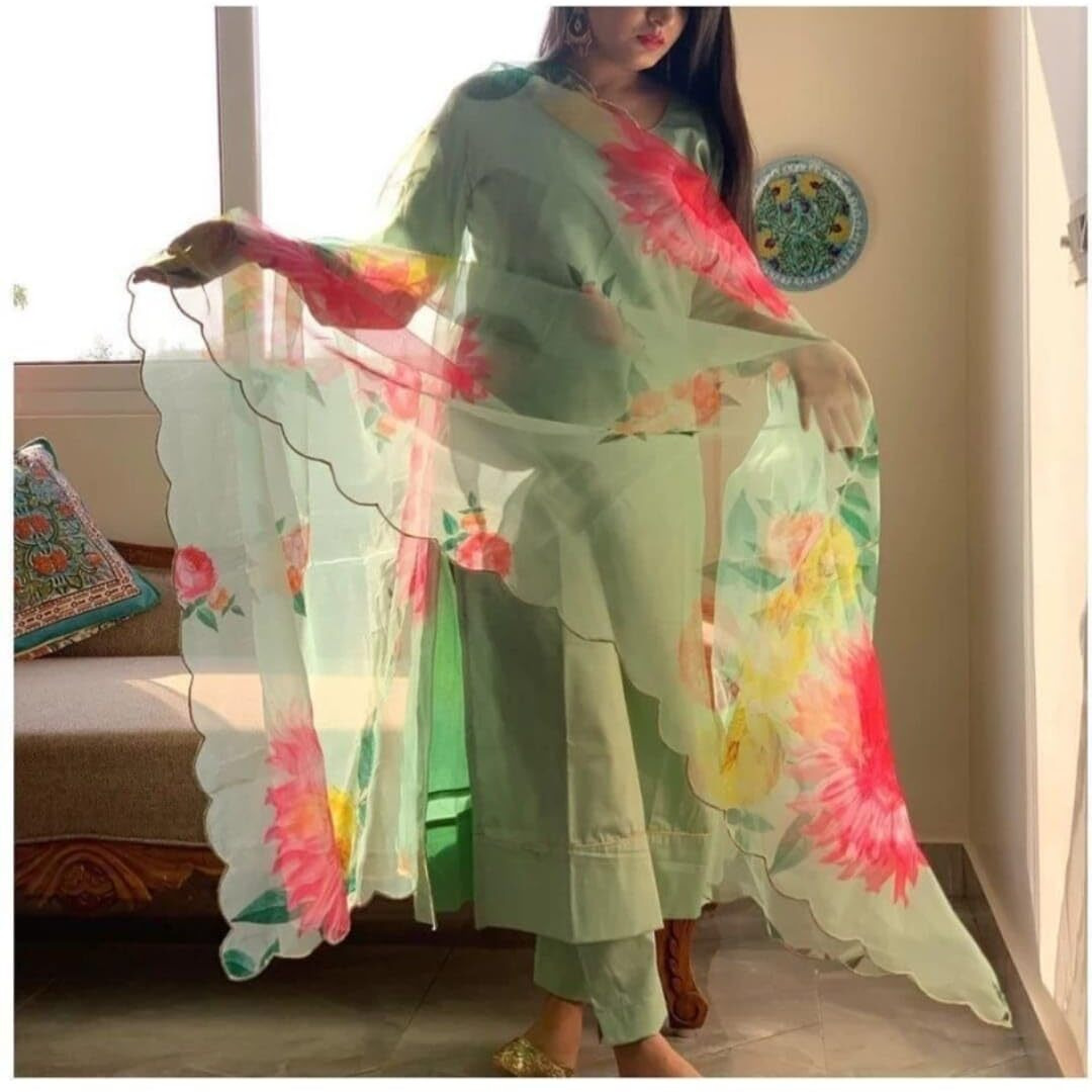 Patlani Women's Full Stitched Solid Salwar Suits With Floral Printed Dupatta.
