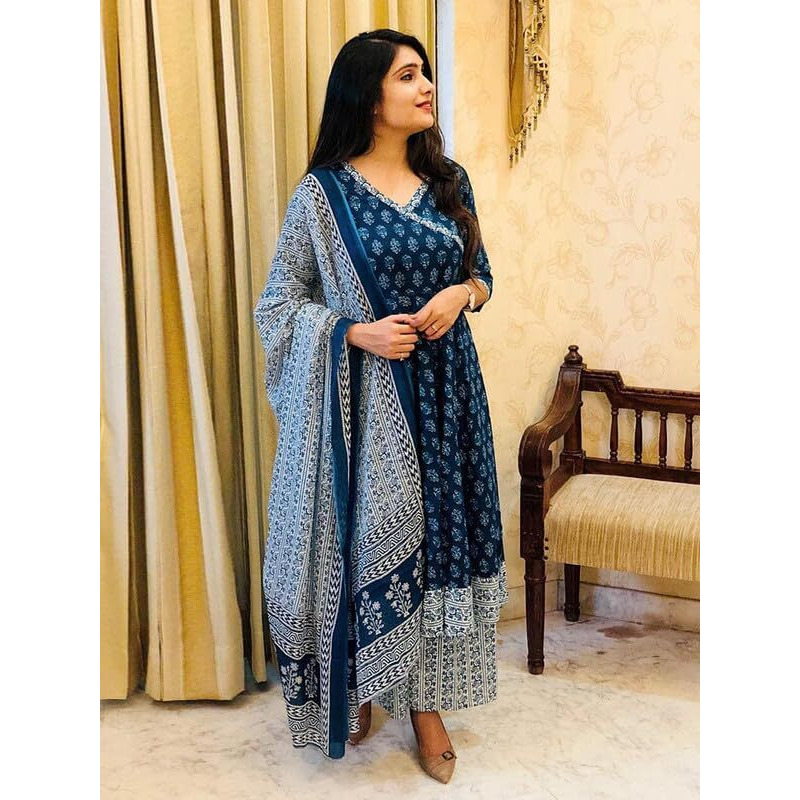 Pinkmint Women Printed Angarakha Kurta And Pant Set With Dupatta Ll Wedding Suit Set Ll Gift Kurta Set Navy Blue