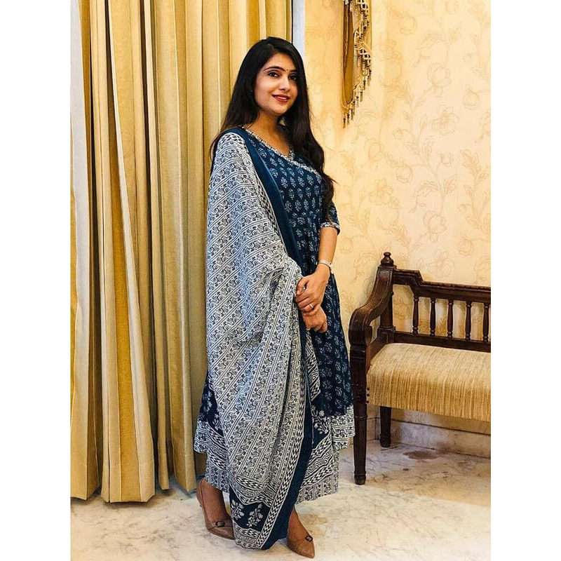 Pinkmint Women Printed Angarakha Kurta And Pant Set With Dupatta Ll Wedding Suit Set Ll Gift Kurta Set Navy Blue
