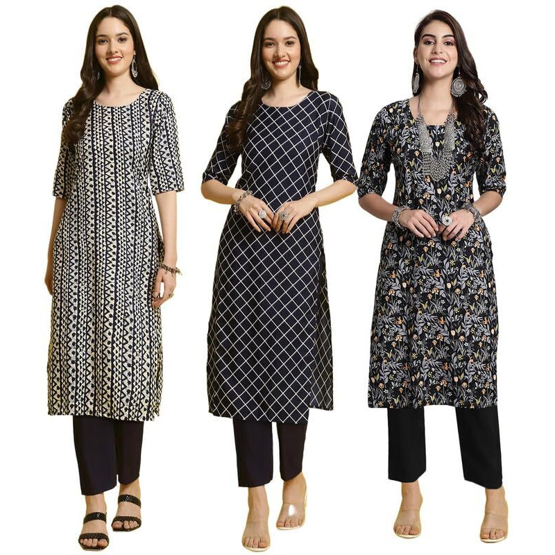 Pinkmint Women's Crepe Printed Kurta And Pant Set (Pack Of 3)