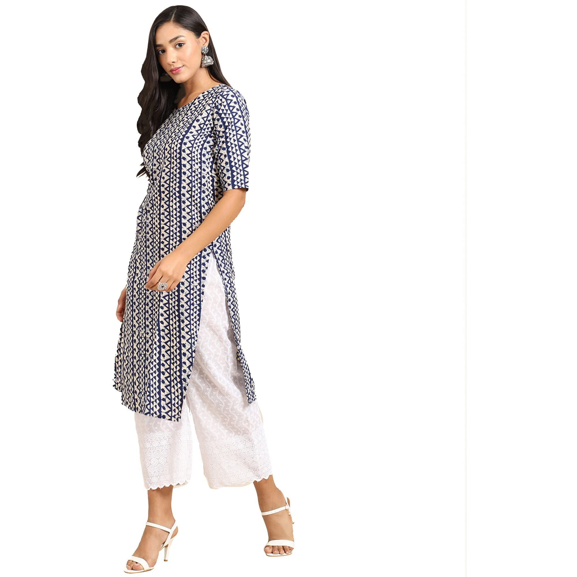 Pinkmint Women's Crepe Blue Color Ethnic Motif Printed Straight Kurti (Ri-530348-M)
