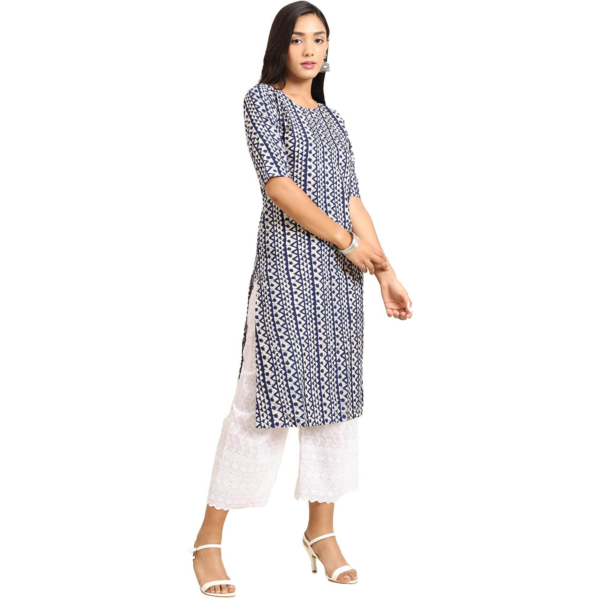 Pinkmint Women's Crepe Blue Color Ethnic Motif Printed Straight Kurti (Ri-530348-M)