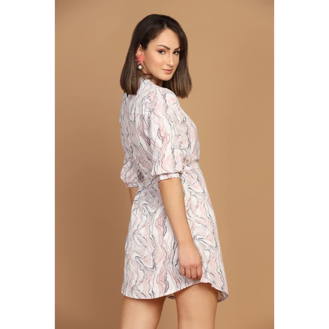 Om Sai Latest Creation Western Dress For Women || Rayon Marble Printed Short Dresses For Women || Front Plated Neck With Buckle || Casual || Outing || Summer || Office Dress. (X-Large, White)