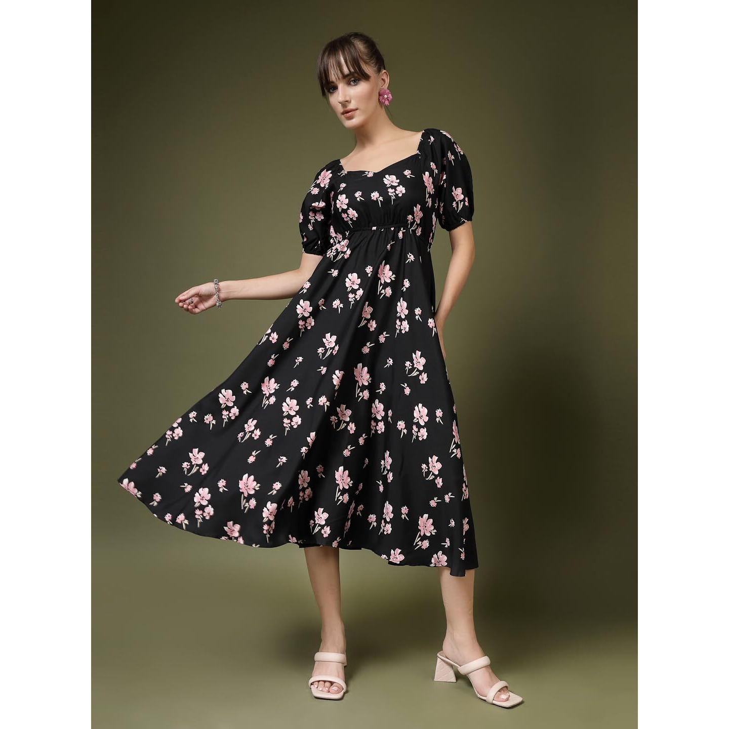 Oomph Flared Dress For Women Stylish | Long One Piece For Women | Puff Sleeve Long Dress | Floral Print Maxi One Piece | Western & Fusion Wear Ebony Black
