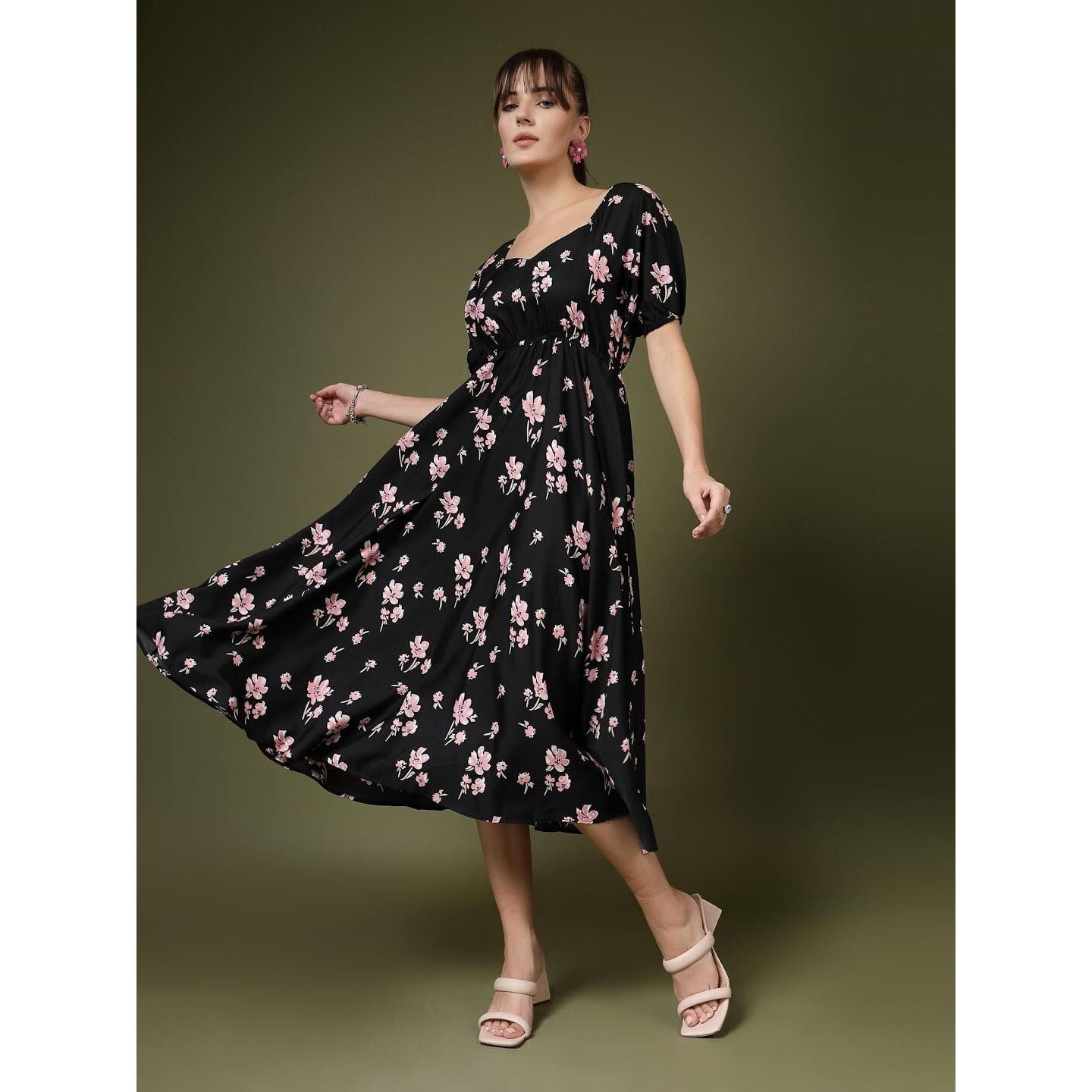 Oomph Flared Dress For Women Stylish | Long One Piece For Women | Puff Sleeve Long Dress | Floral Print Maxi One Piece | Western & Fusion Wear Ebony Black