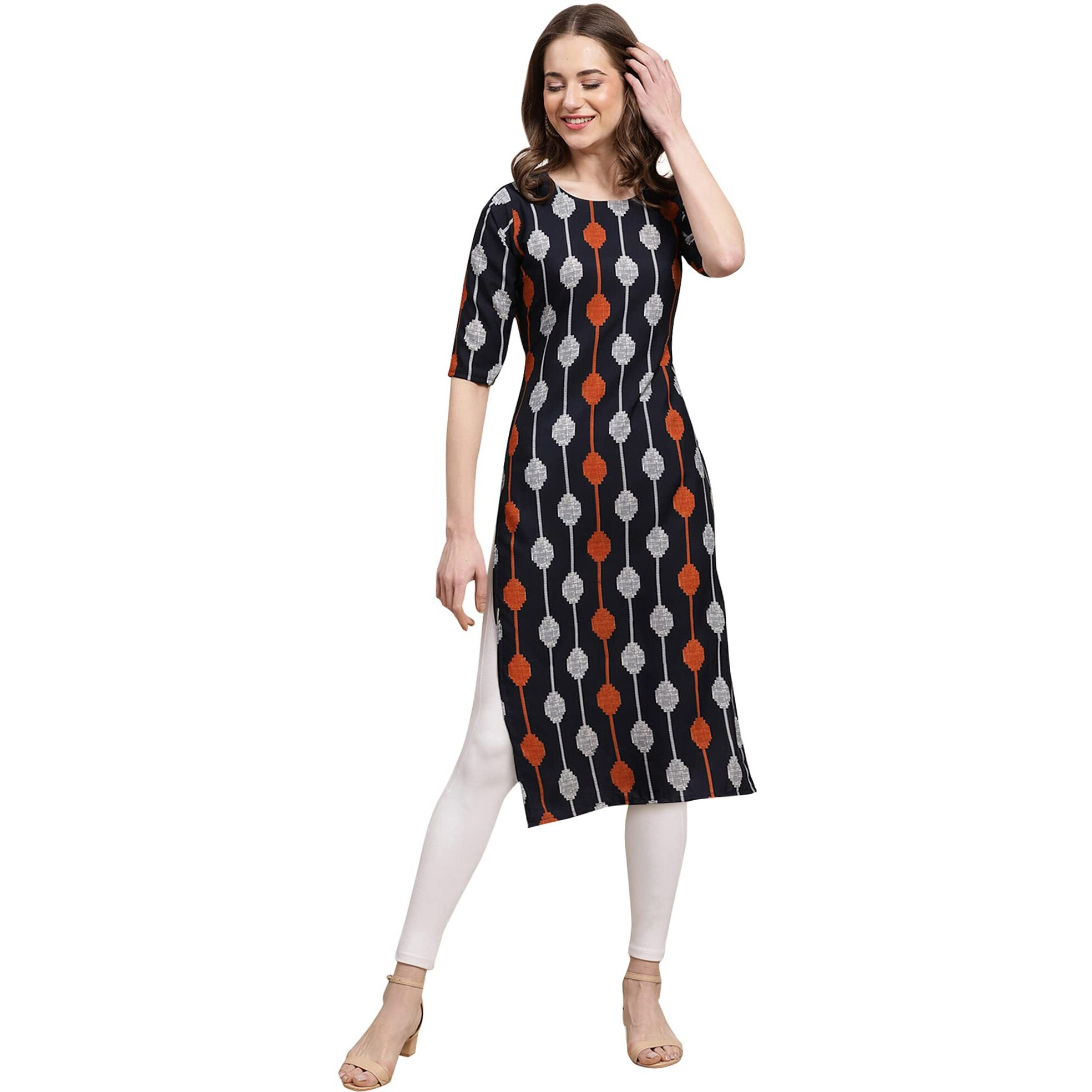 Pinkmint Women's Crepe Black Color Ethnic Motif Printed Straight Kurti(Md-530330_S)