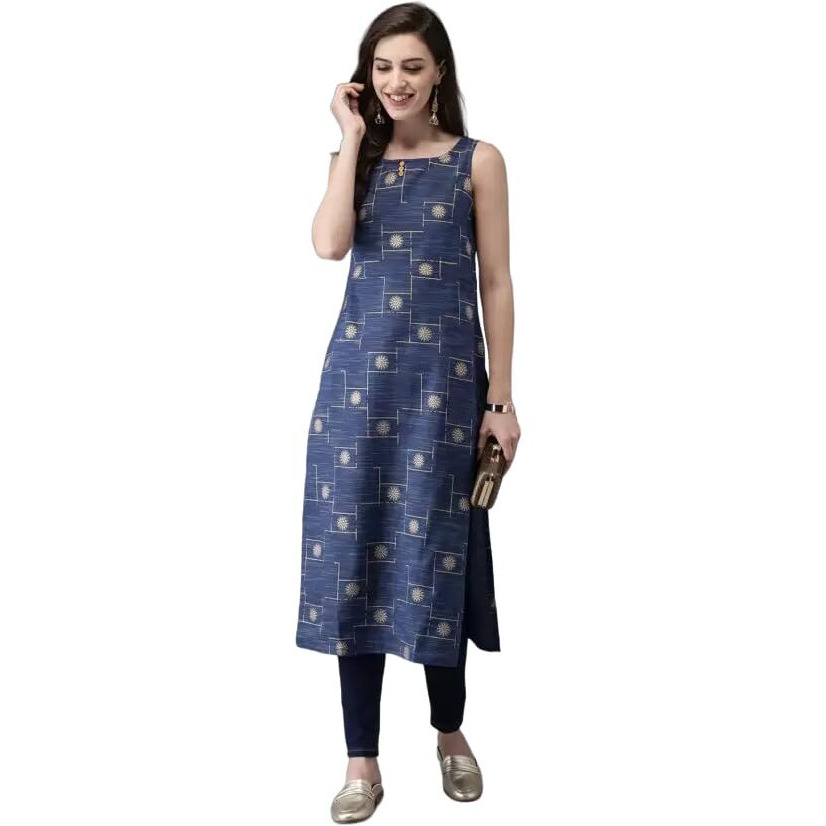 Patlani Women's Cotton Blened Sleeveless Printed Full Stitched Kurti.(K-199) Blue