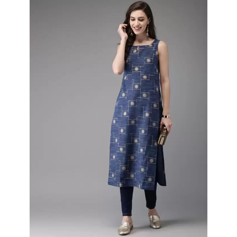 Patlani Women's Cotton Blened Sleeveless Printed Full Stitched Kurti.(K-199) Blue