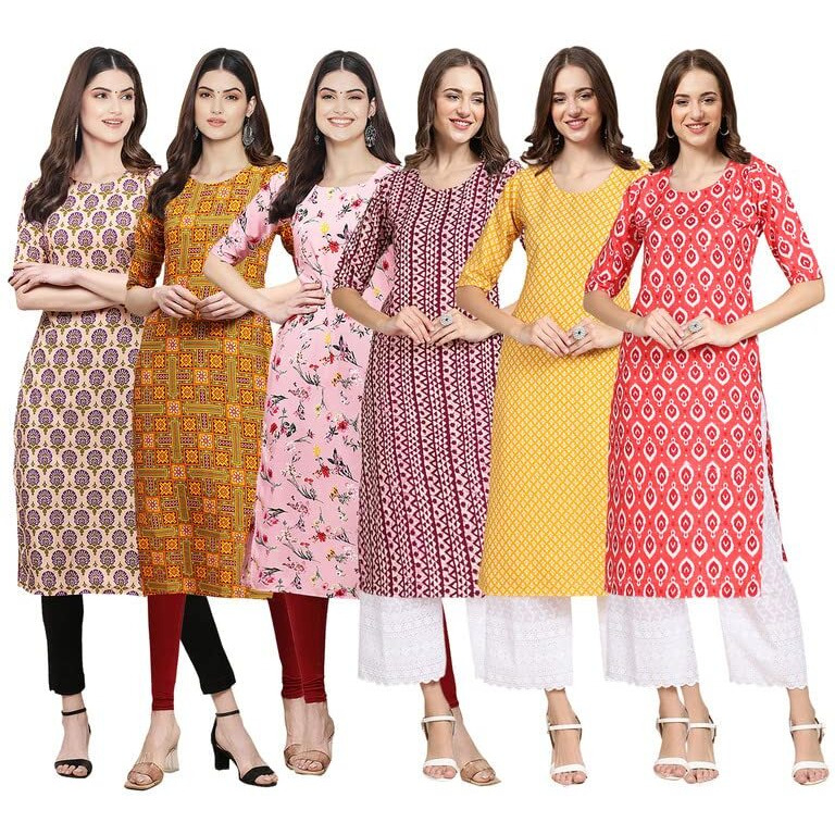 Pinkmint Women's Crepe Digital Print Straight Kurta [Pack Of 6](Qv-332-333-339-347-350-346-M)