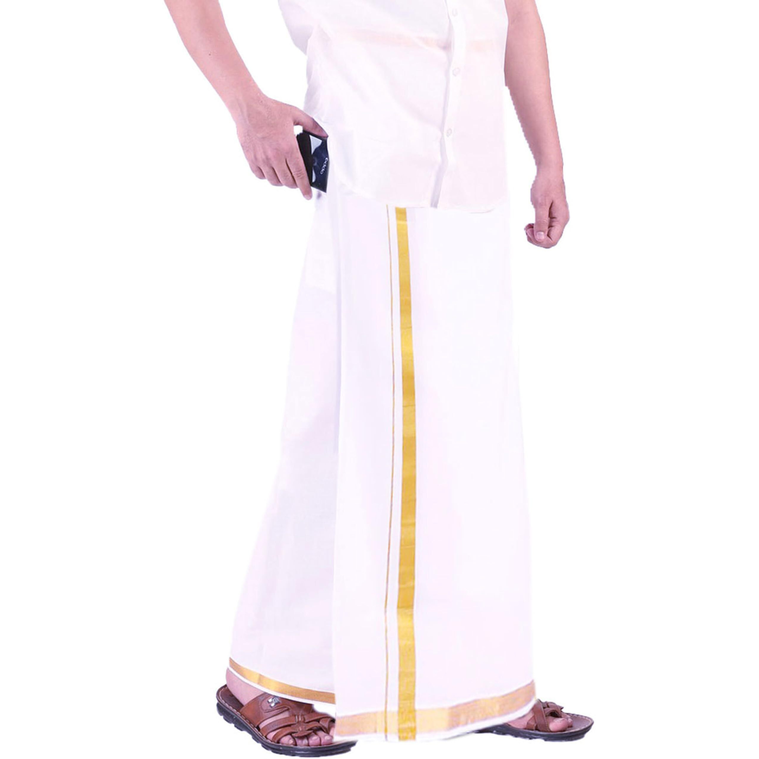 Prakasam Cotton Men's Fine Quality Welcro Pocket Jari Cotton Double Dhoti (38)