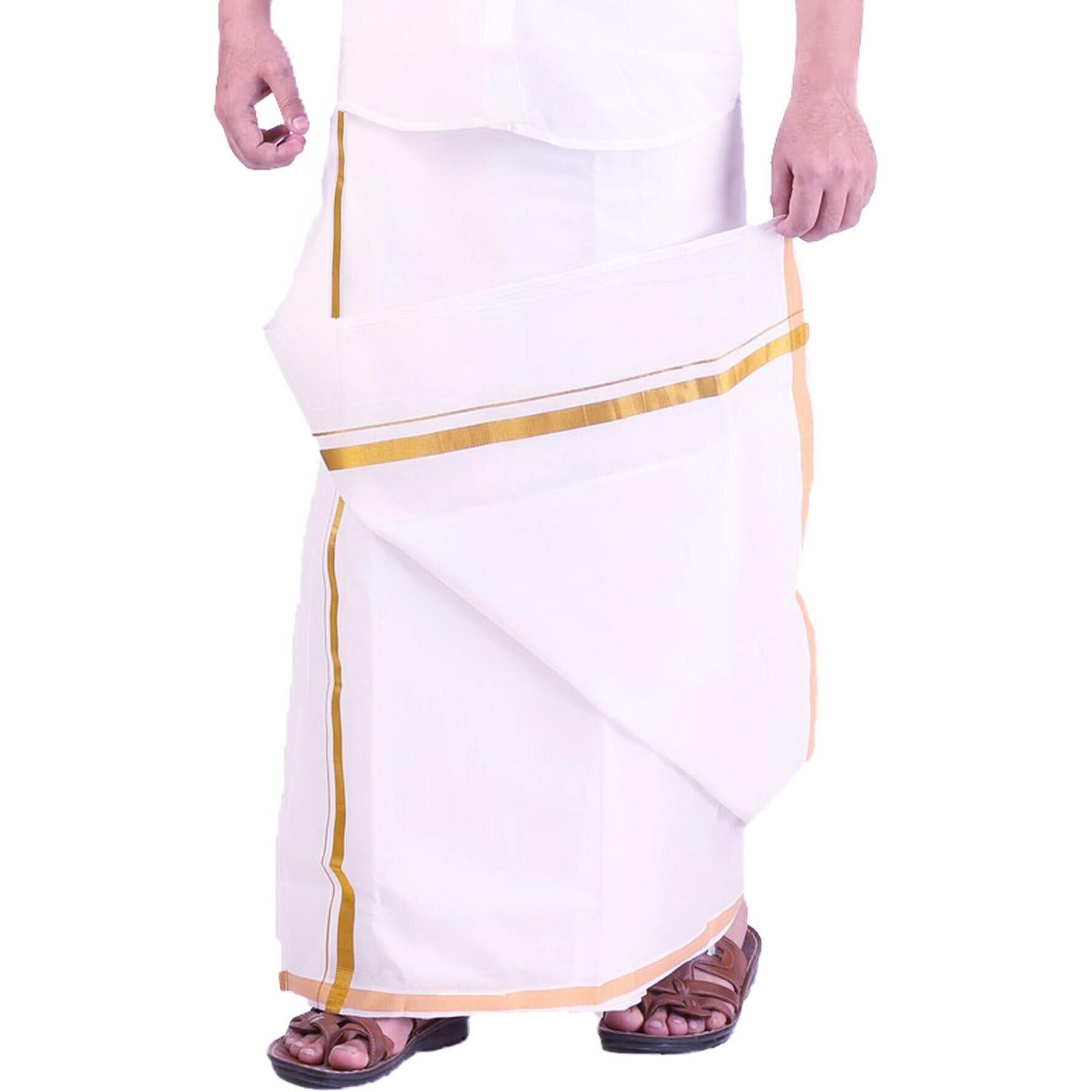 Prakasam Cotton Men's Fine Quality Welcro Pocket Jari Cotton Double Dhoti (38)