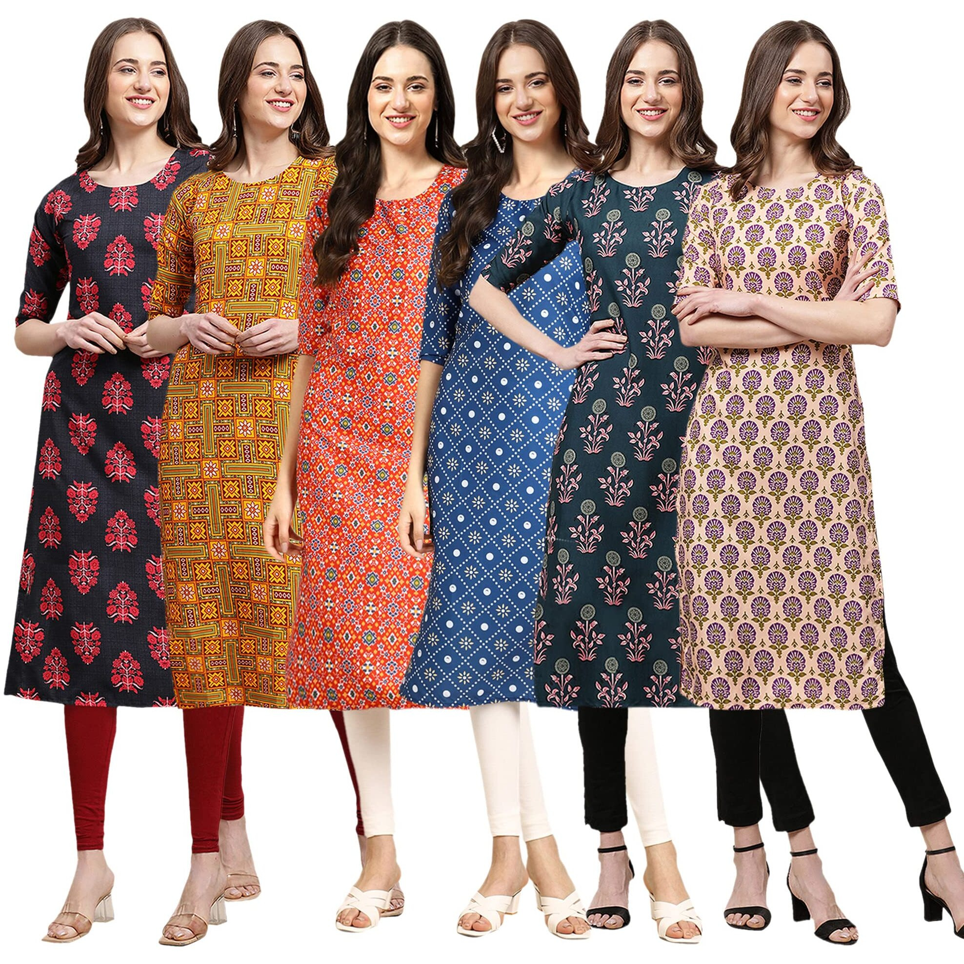 Pinkmint Women's Crepe Digital Print Straight Kurta(Pack Of 6)[Qv-345-333-365-353-335-332-Xxl]