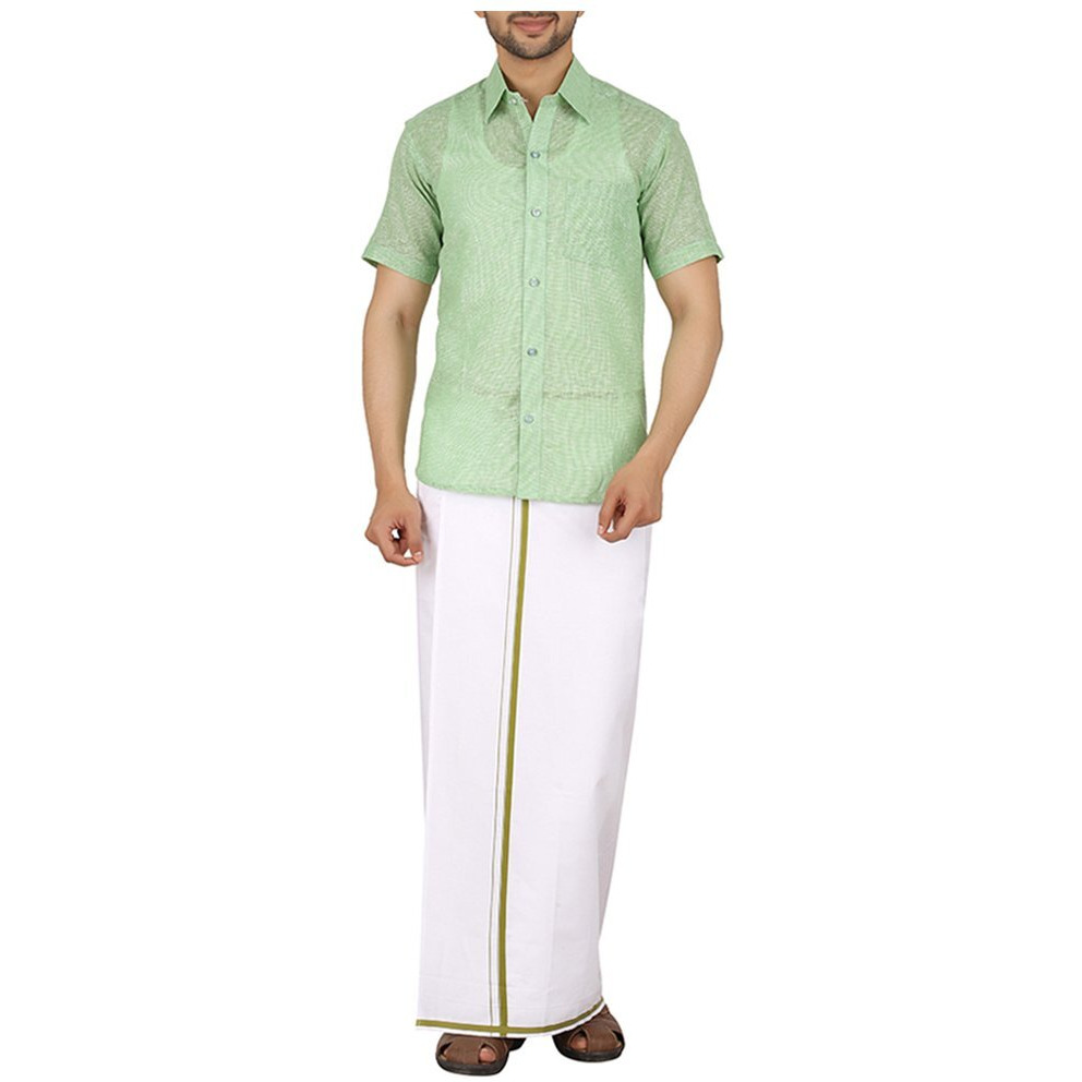 Prakasam Cotton (Winner Men's Welcro Pocket Single Dhoti With Light Green Border (Size 46)