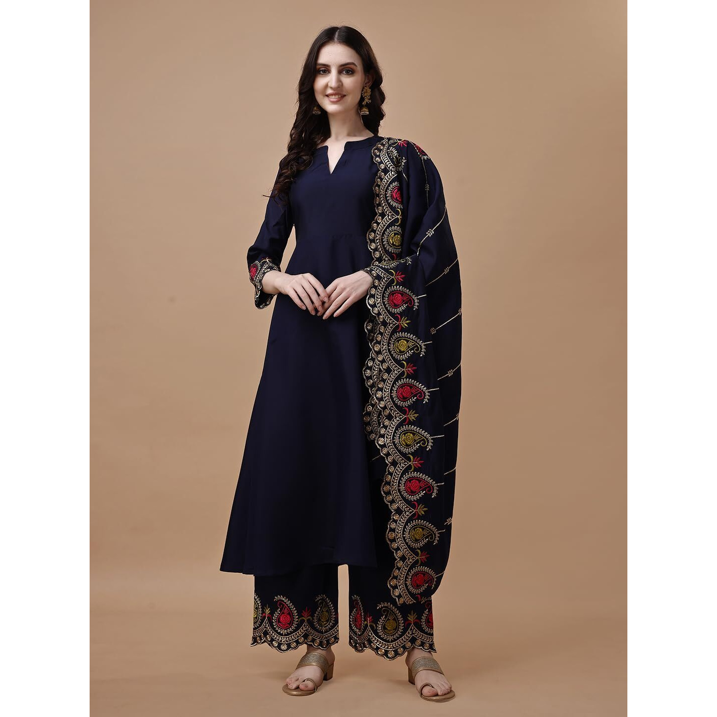 Pratham Blue Women's Silk Embroidered Anarkali Kurta With Palazzos And Dupatta (Pb-6144-Xl_Blue)