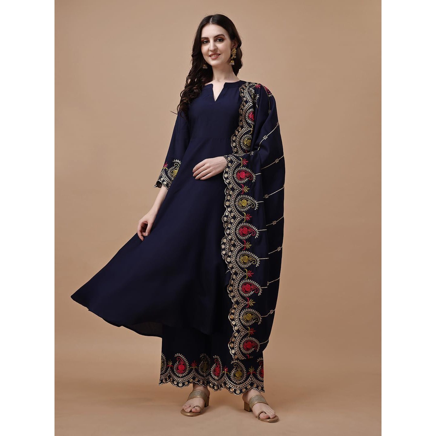 Pratham Blue Women's Silk Embroidered Anarkali Kurta With Palazzos And Dupatta (Pb-6144-Xl_Blue)