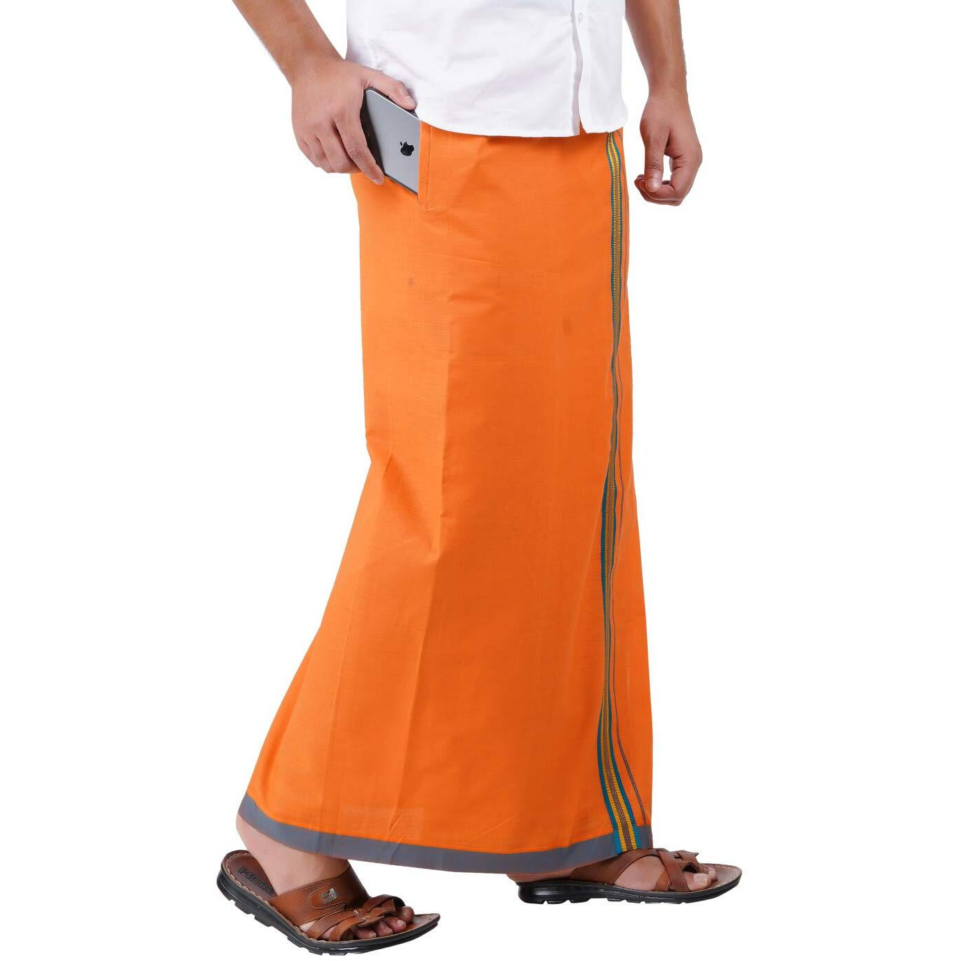 Prakasam Cotton Mens Kavi Colour Fancy Border Welcro Pocket Dhoti (Himfan-Kavi)