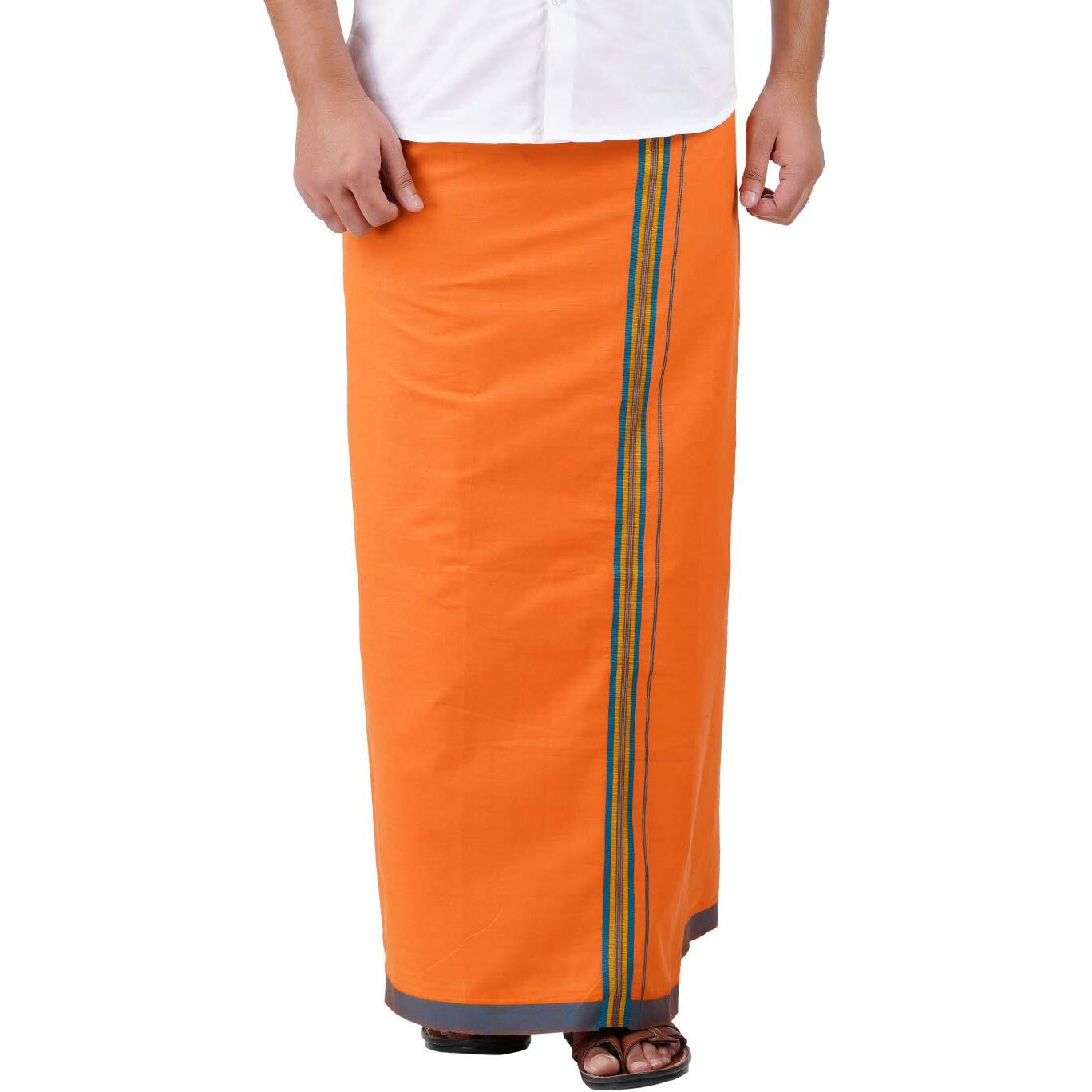 Prakasam Cotton Mens Kavi Colour Fancy Border Welcro Pocket Dhoti (Himfan-Kavi)