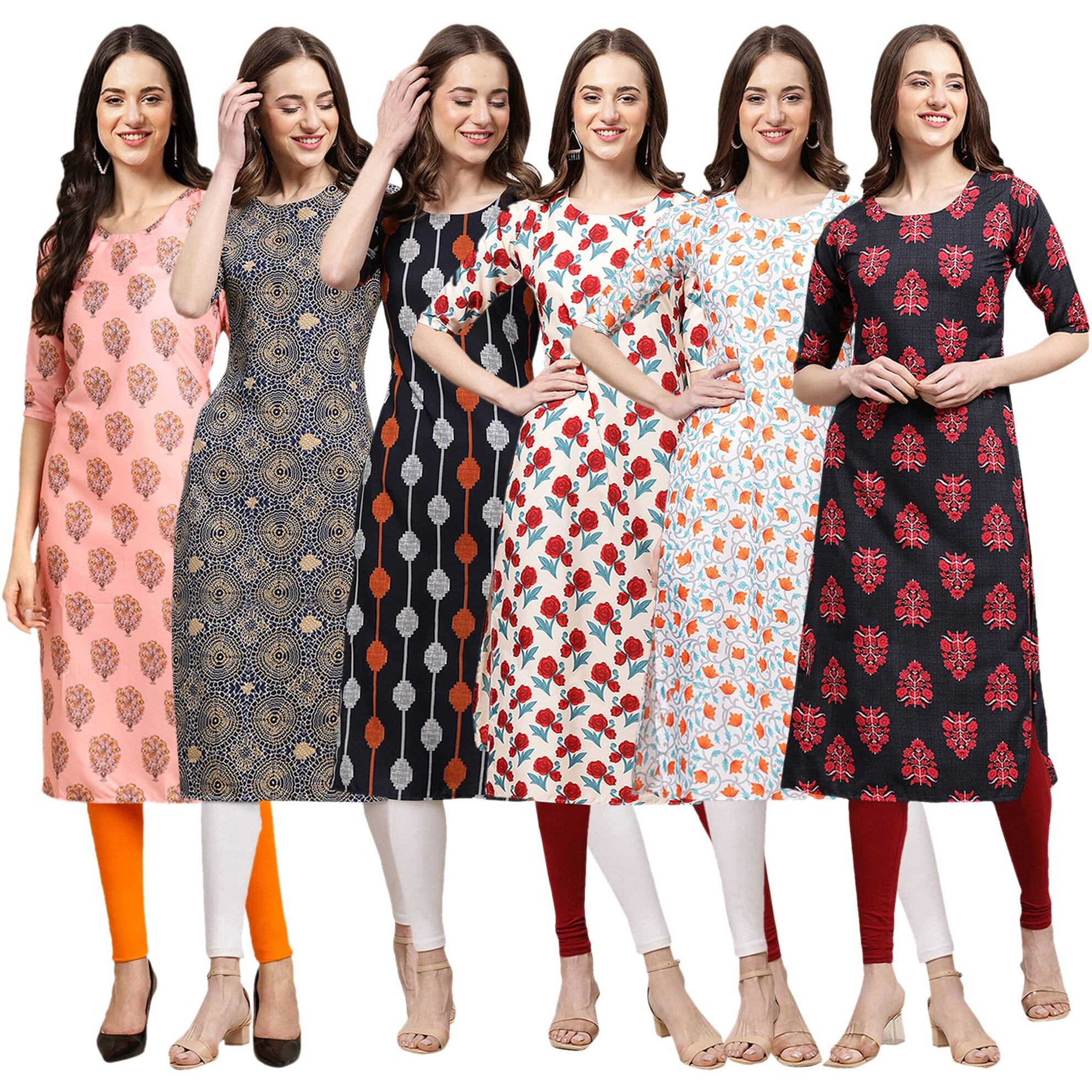 Pinkmint Women's Crepe Digital Print Straight Kurta(Pack Of 6)[Qv-368-341-330-342-334-345-S]