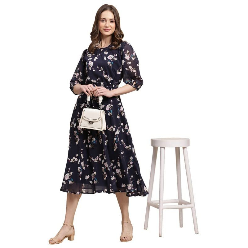Preneum Women's Maxi Fit & Flare Latest Style Print Georgette Regular Sleeves Casual Summer Maxi Dress || Festival & Occasion, Dark Blue, L