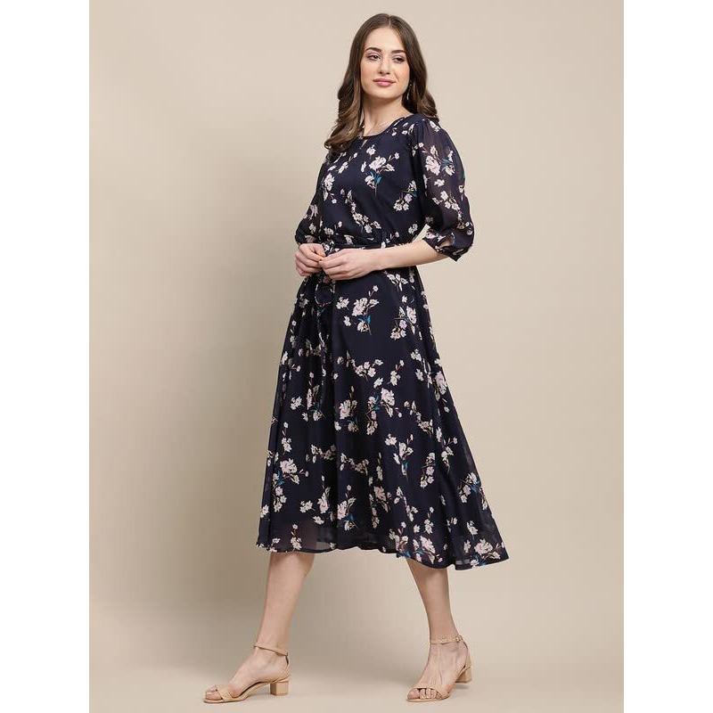 Preneum Women's Maxi Fit & Flare Latest Style Print Georgette Regular Sleeves Casual Summer Maxi Dress || Festival & Occasion, Dark Blue, L