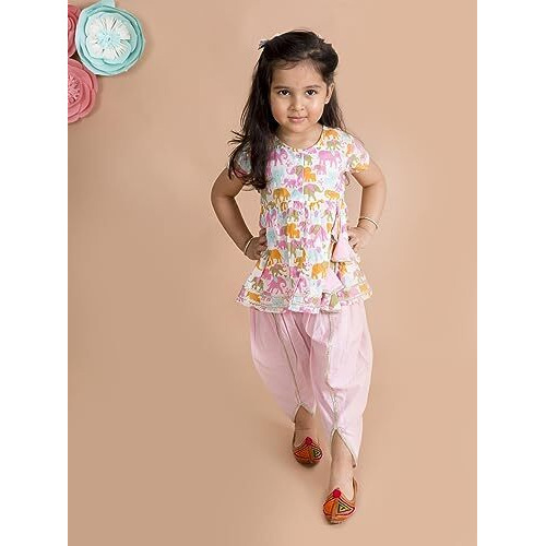 Pspeaches Girls White Ethnic Motifs Printed Pleated Gotta Patti Pure Cotton Kurti & Pant (White-7-8 Years)