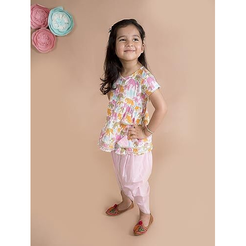 Pspeaches Girls White Ethnic Motifs Printed Pleated Gotta Patti Pure Cotton Kurti & Pant (White-7-8 Years)