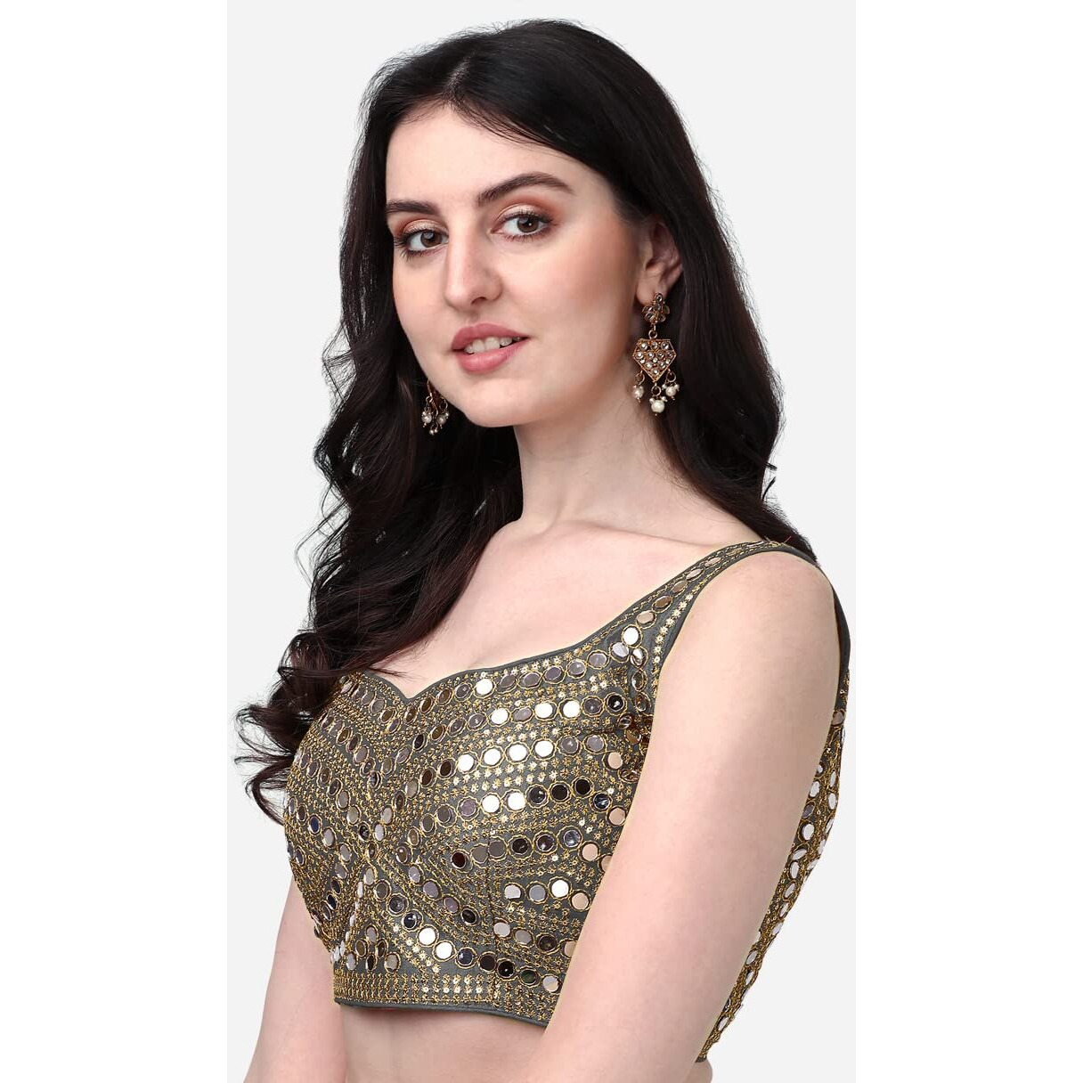 Pujia Mills Women's Embroidery Work Real Mirror Sleeveless Readymade Blouse Grey Color (V-Mirror_Grey_38)