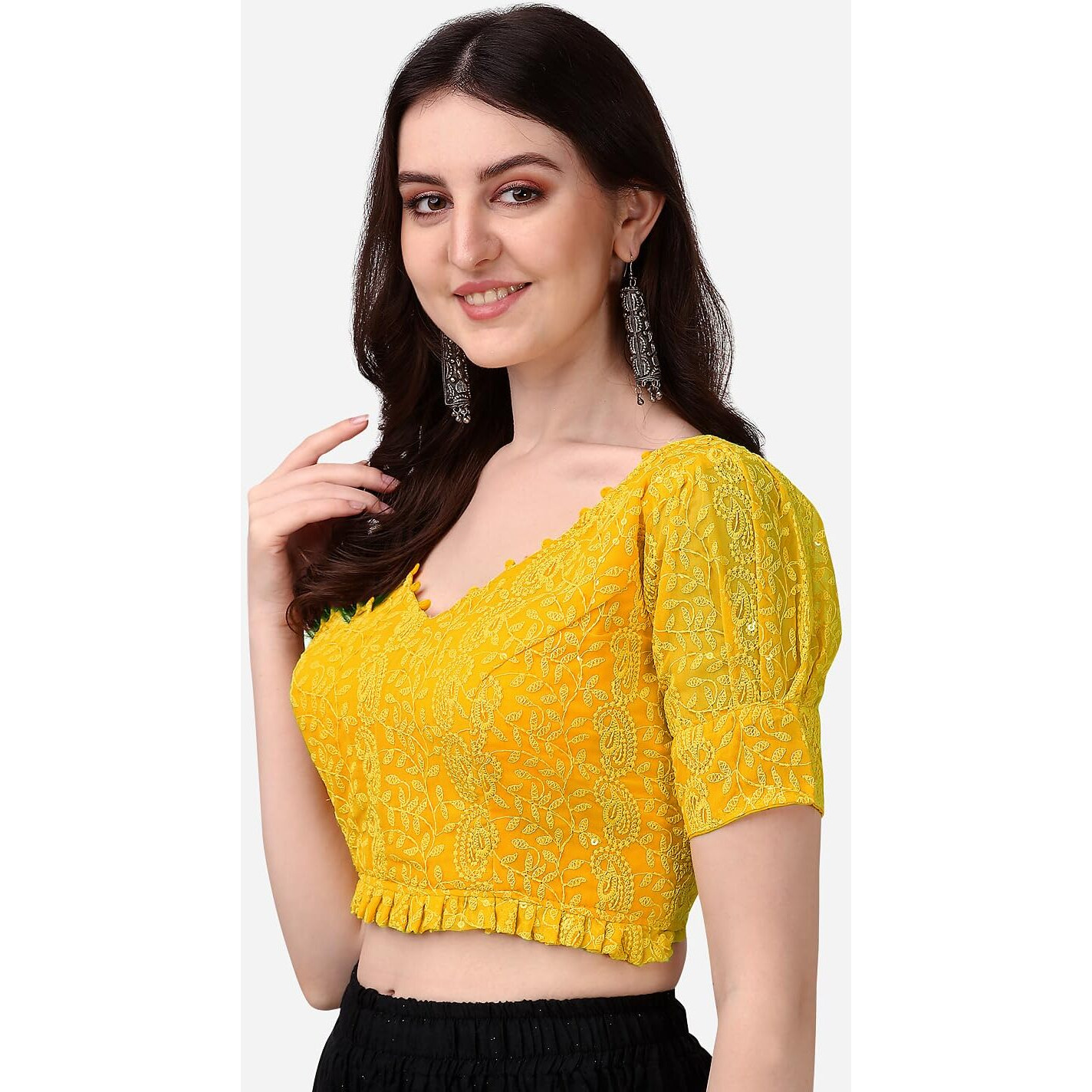 Pujia Mills Women's Blouse Georgett Lucknowi Embroidery Puff Sleeve Tie Up Blouse (Lucknowi Tie) (Mustard, 38)