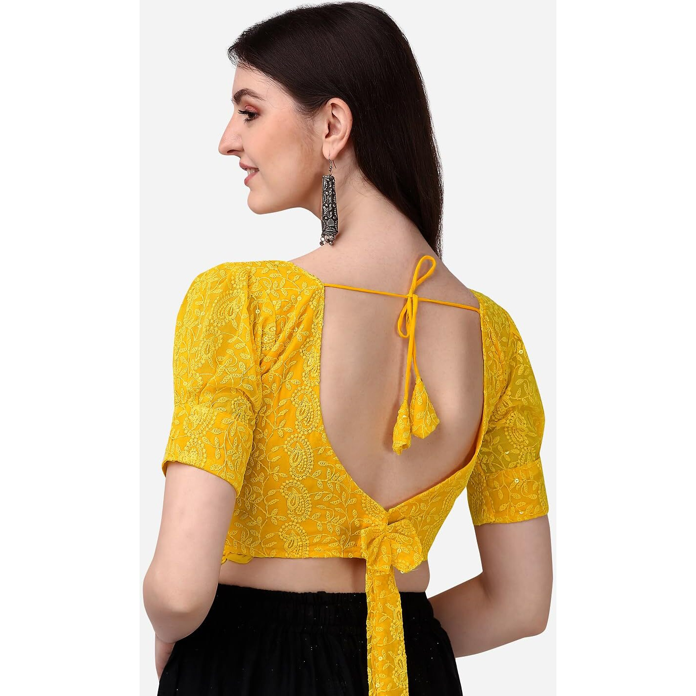 Pujia Mills Women's Blouse Georgett Lucknowi Embroidery Puff Sleeve Tie Up Blouse (Lucknowi Tie) (Mustard, 38)