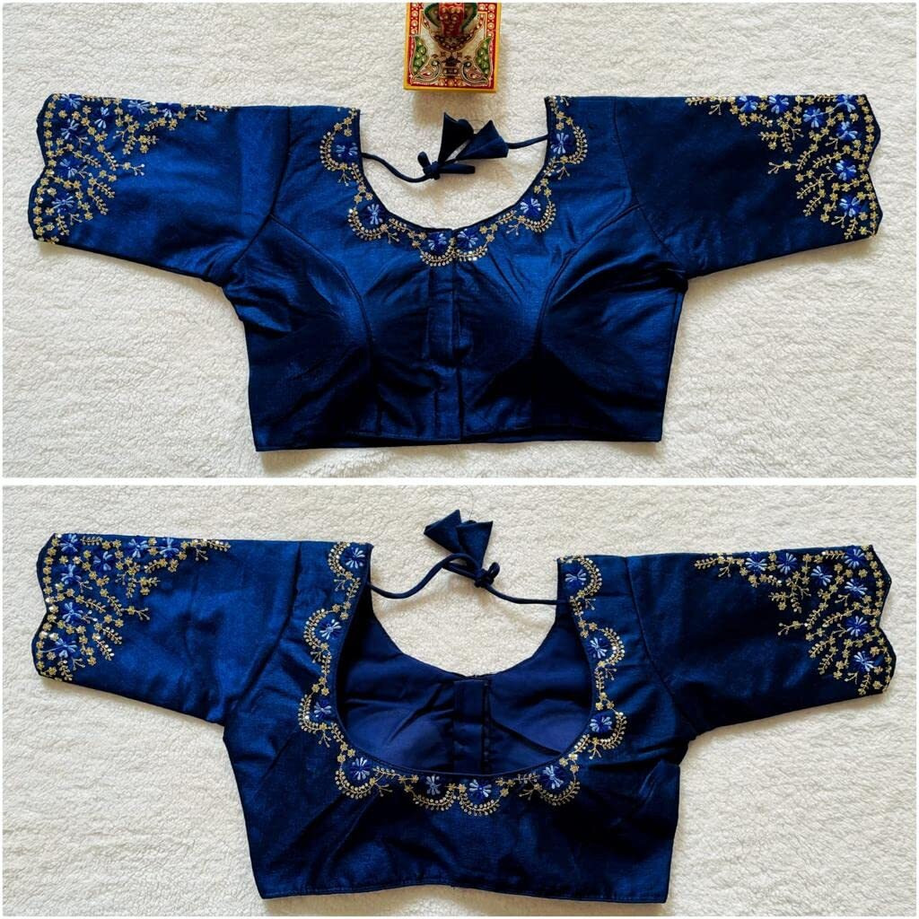 Pujia Mills Women's Silk Embroidery Sequence Work Half Sleeve Readymade Blouse (Navy Blue, 36)