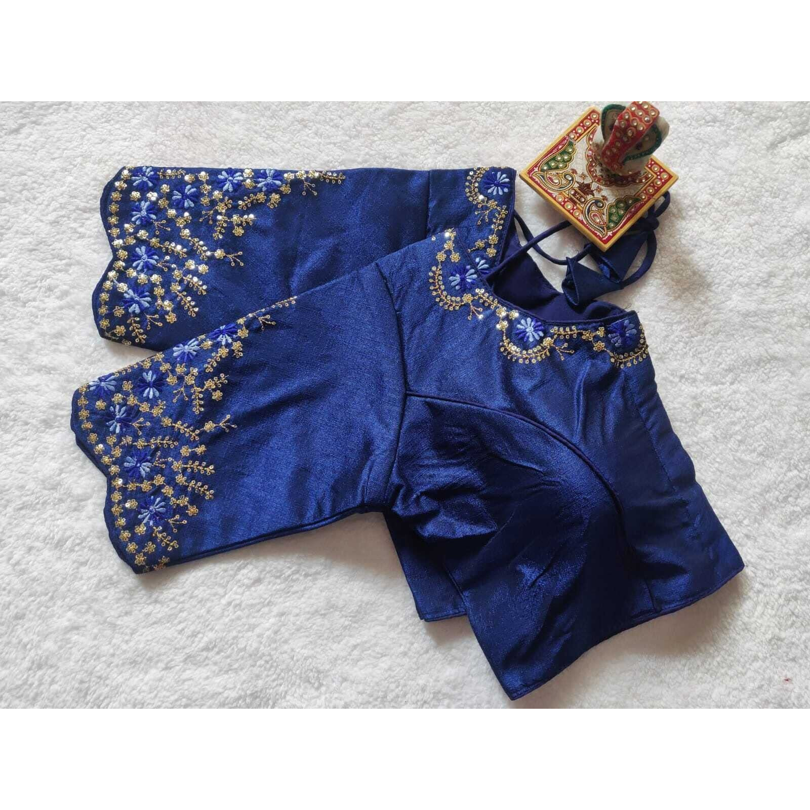 Pujia Mills Women's Silk Embroidery Sequence Work Half Sleeve Readymade Blouse (Navy Blue, 36)