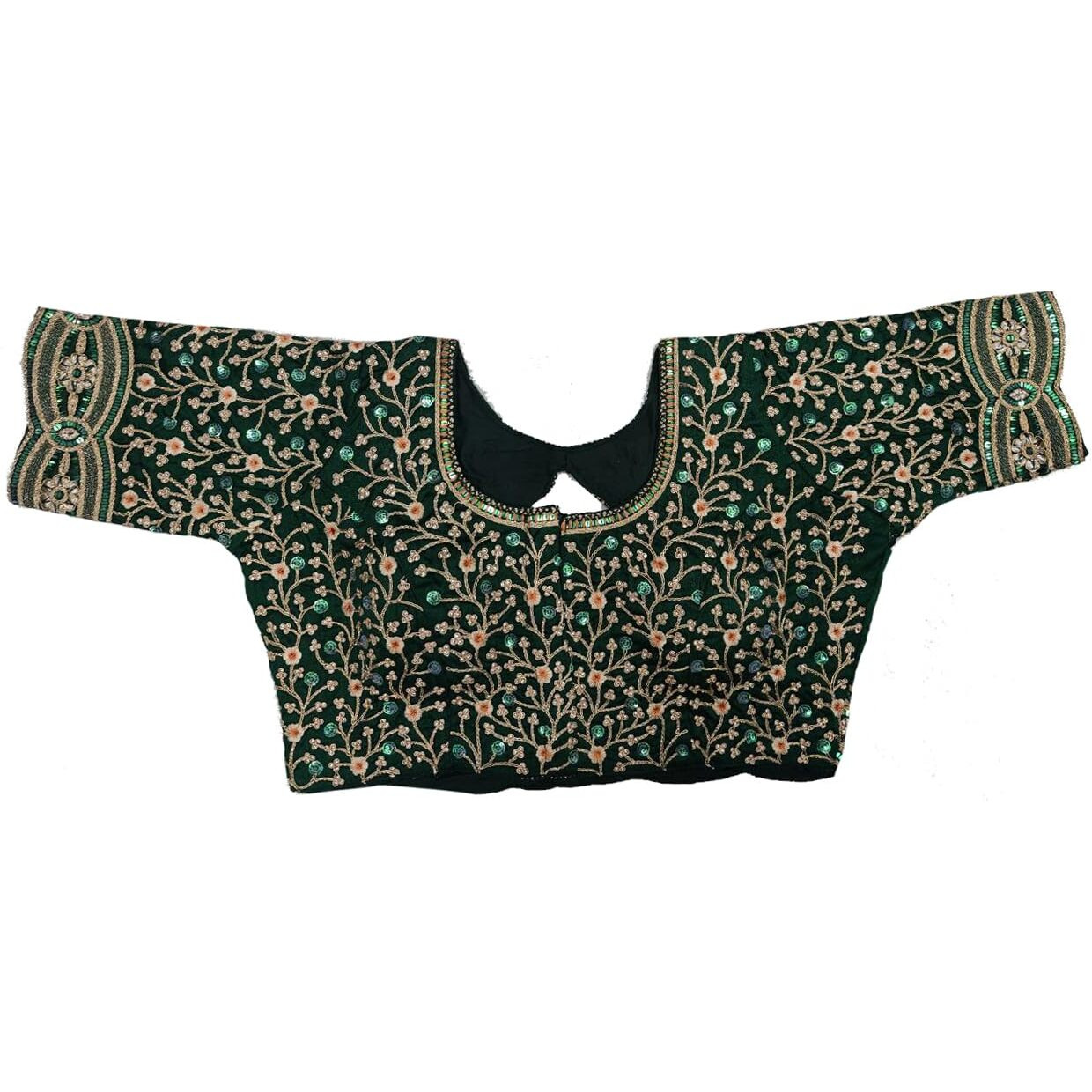 Pujia Mills Women's Readymade Bridal Embroidery Golden Coding Multi Sequin Thread Work Indian Ethnic Designer Stitched Half Sleeve Blouse For Women Green Color Saree Bridal Lehenga Choli