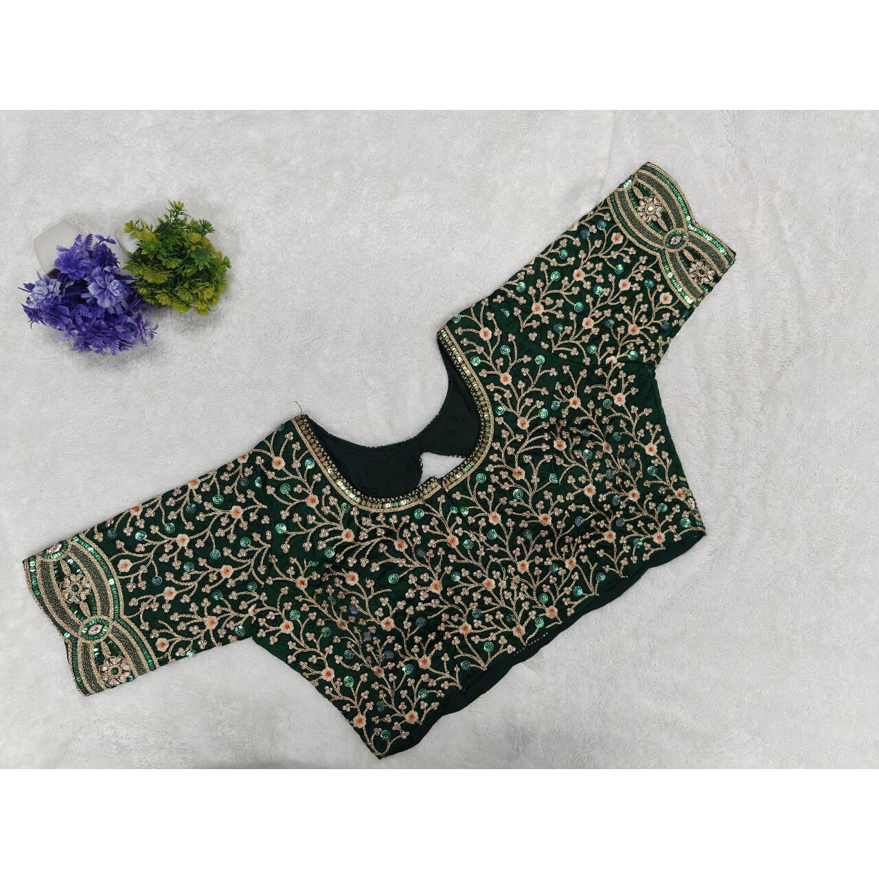 Pujia Mills Women's Readymade Bridal Embroidery Golden Coding Multi Sequin Thread Work Indian Ethnic Designer Stitched Half Sleeve Blouse For Women Green Color Saree Bridal Lehenga Choli